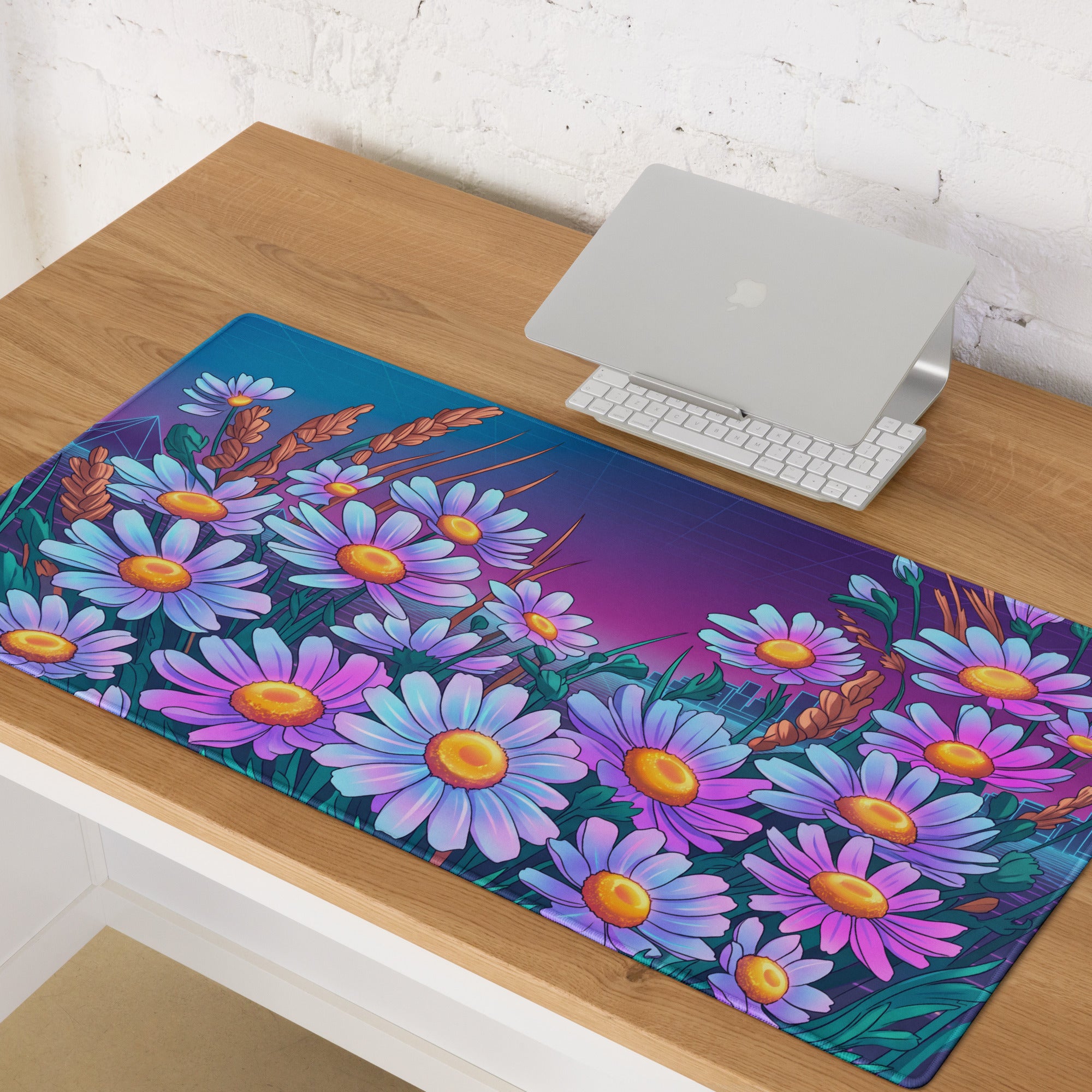 Vaporwave Floral Neon Mouse Pad - Daisies Purple Blue Neon Desk Vaporwave Vibrant Retro Synthwave Floral Desk Pad