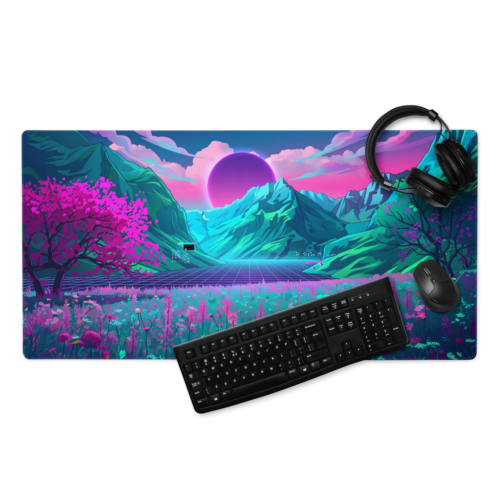 Vaporwave Neon Mountain Mouse Pad - Vaporwave Scene Neon Purple Desk Futurism Dreamy Neon Cyberpunk Desk Mat Digital