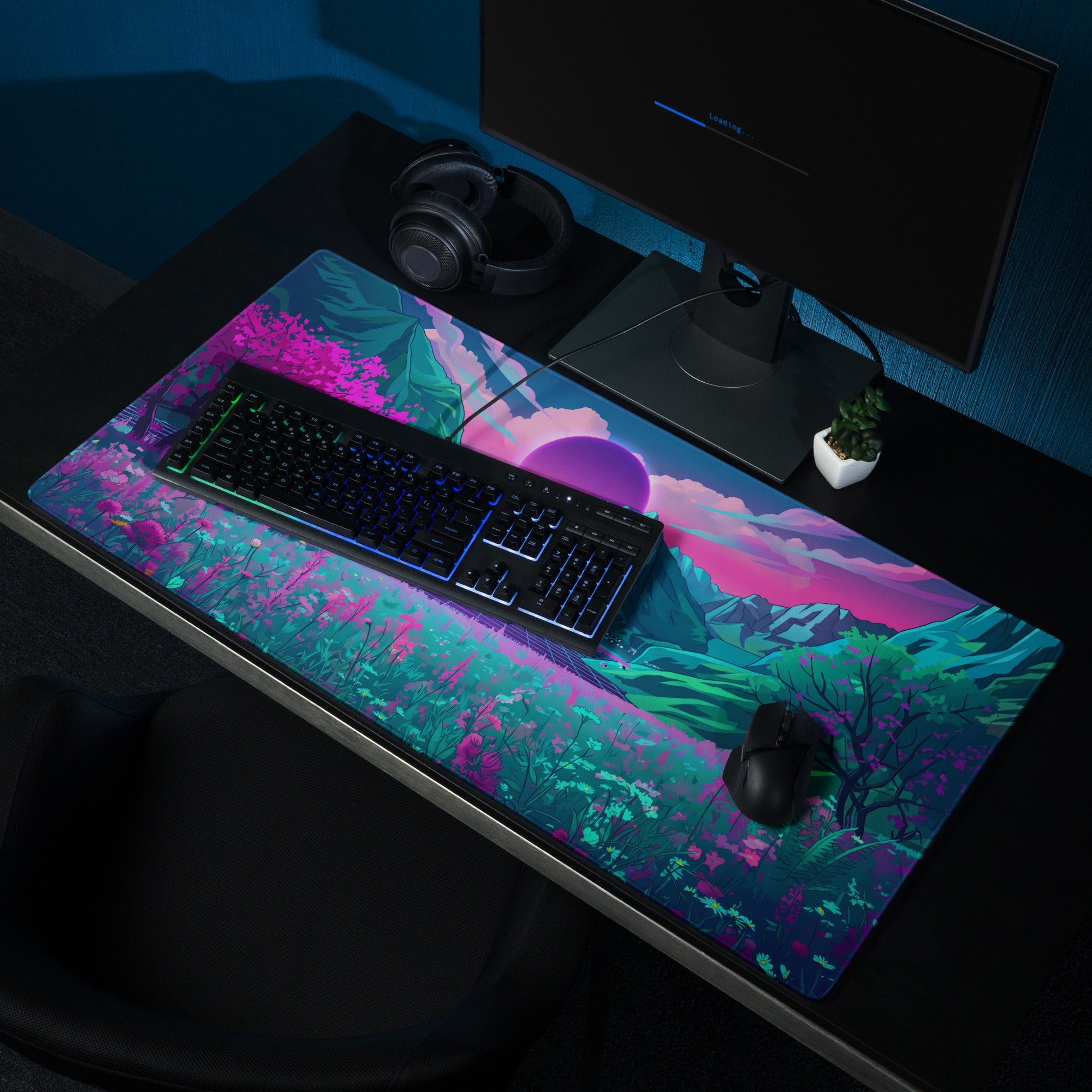 Vaporwave Neon Mountain Mouse Pad - Vaporwave Scene Neon Purple Desk Futurism Dreamy Neon Cyberpunk Desk Mat Digital