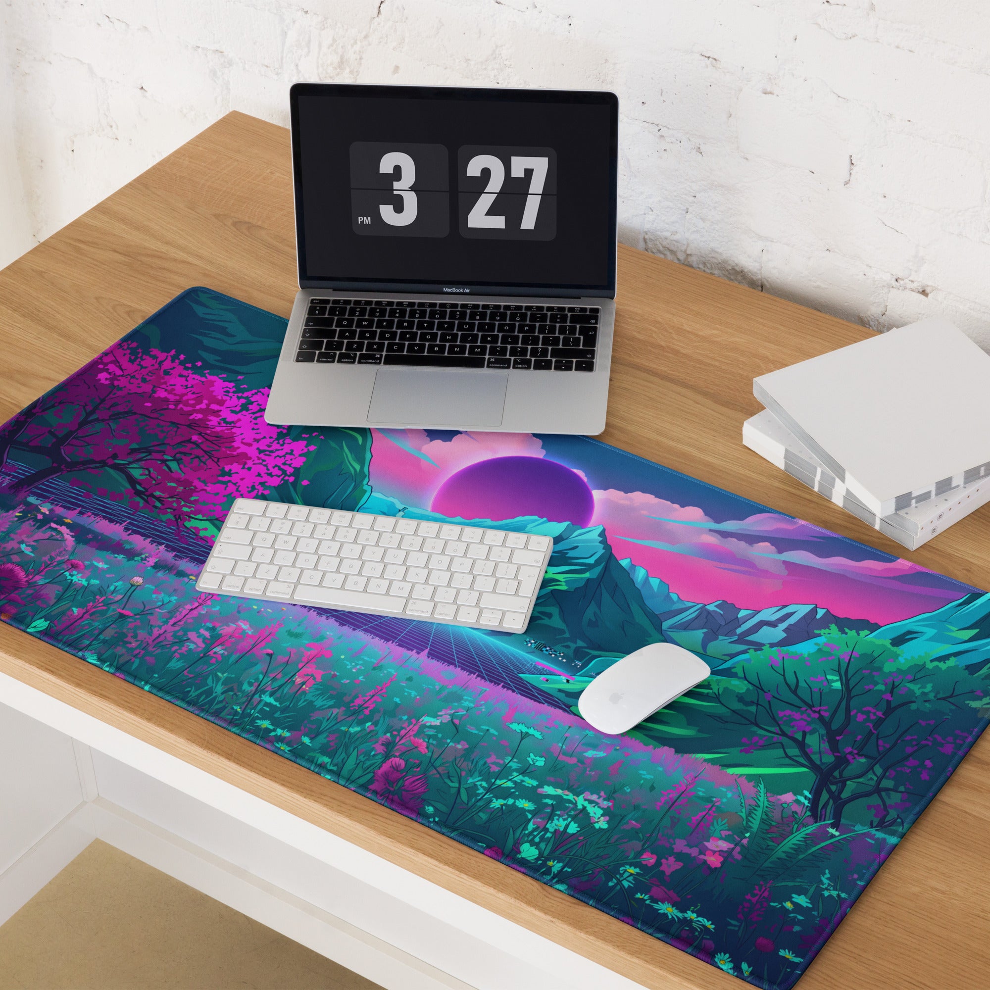 Vaporwave Neon Mountain Mouse Pad - Vaporwave Scene Neon Purple Desk Futurism Dreamy Neon Cyberpunk Desk Mat Digital