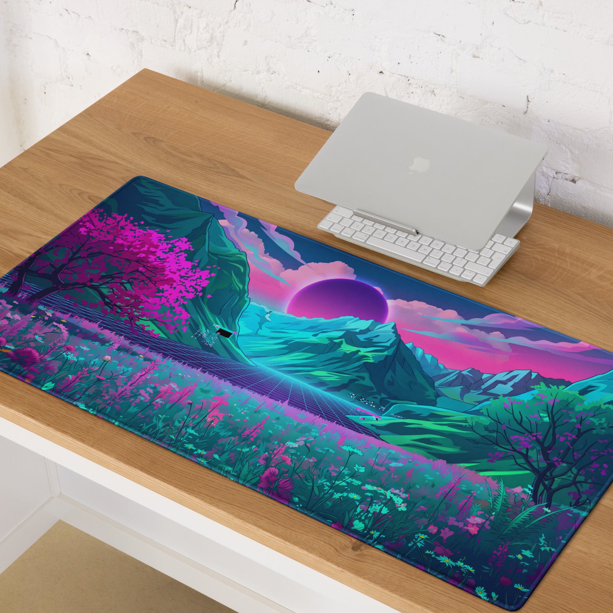 Vaporwave Neon Mountain Mouse Pad - Vaporwave Scene Neon Purple Desk Futurism Dreamy Neon Cyberpunk Desk Mat Digital
