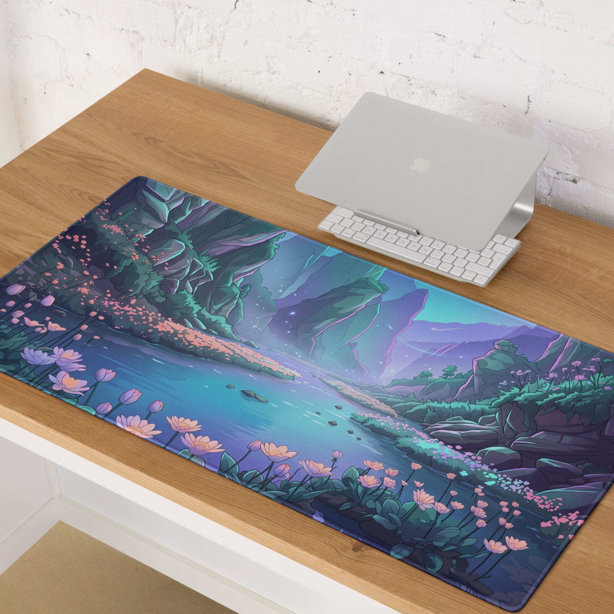 Vaporwave Oasis Gaming Mouse Pad - Fantasy Landscape Purple Teal Desk Vaporwave Dreamy Mood Vaporwave Aesthetic Digital