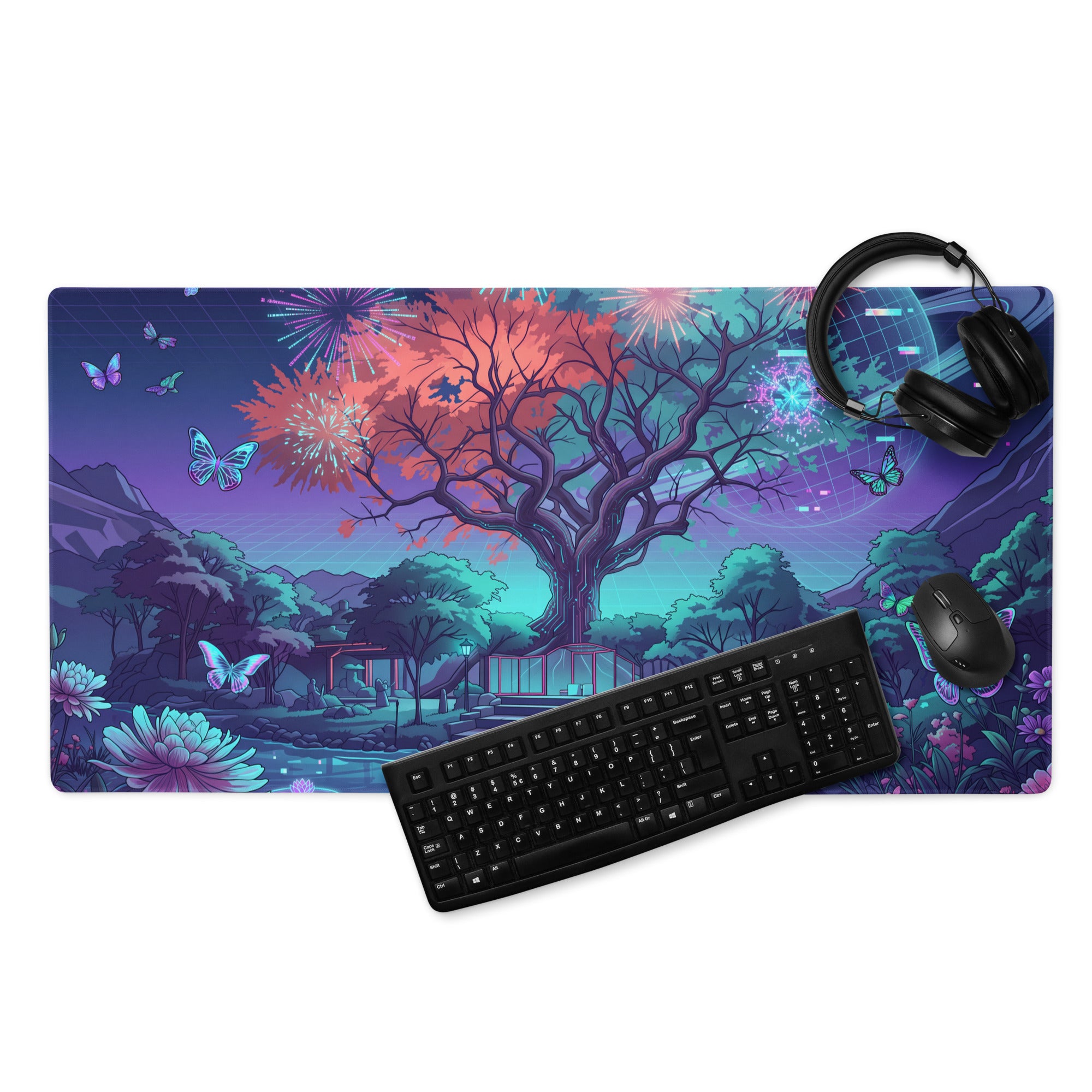 Vaporwave Night Garden Desk Pad - Mouse Pad Purple Pink Gaming Vaporwave Dreamy Neon Synthwave Desk Mat Digital Art