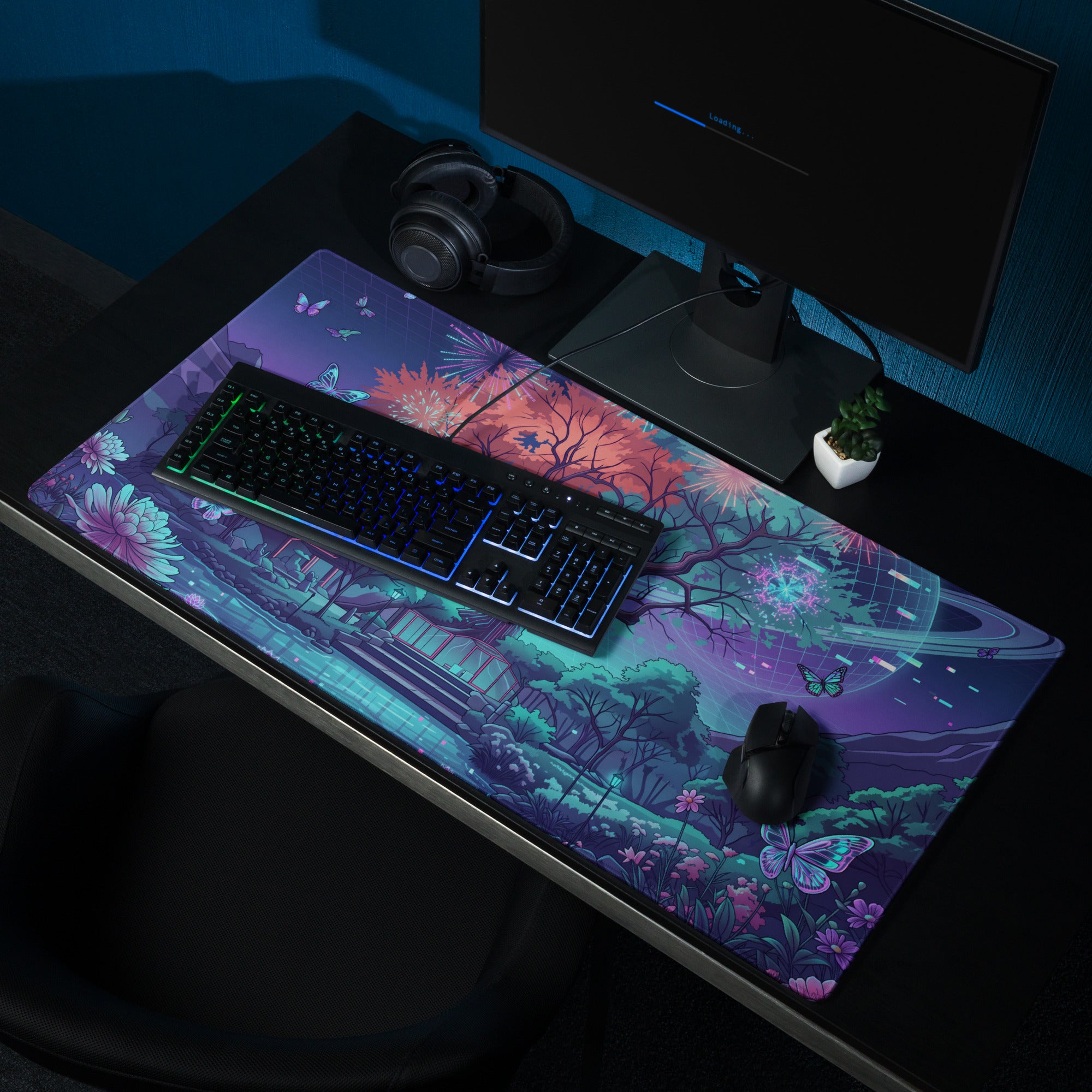 Vaporwave Night Garden Desk Pad - Mouse Pad Purple Pink Gaming Vaporwave Dreamy Neon Synthwave Desk Mat Digital Art