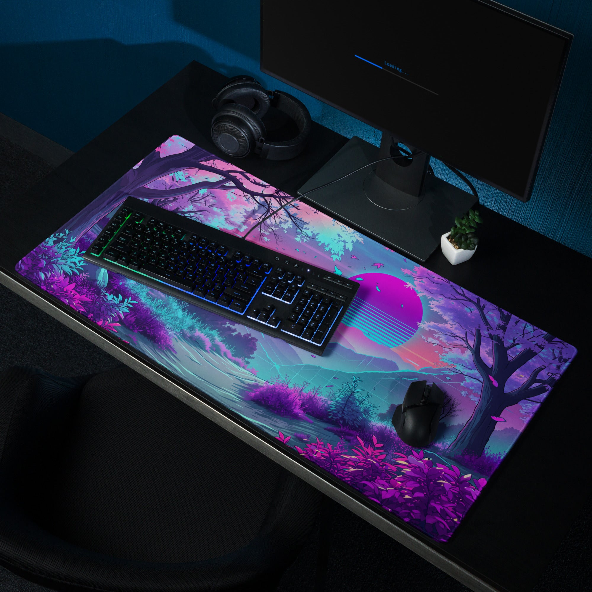 Vaporwave Neon Sunset Mouse Pad - Neon Pink Purple Blue For Gaming Desk - Dreamy Mood Vaporwave Decor Digital Art