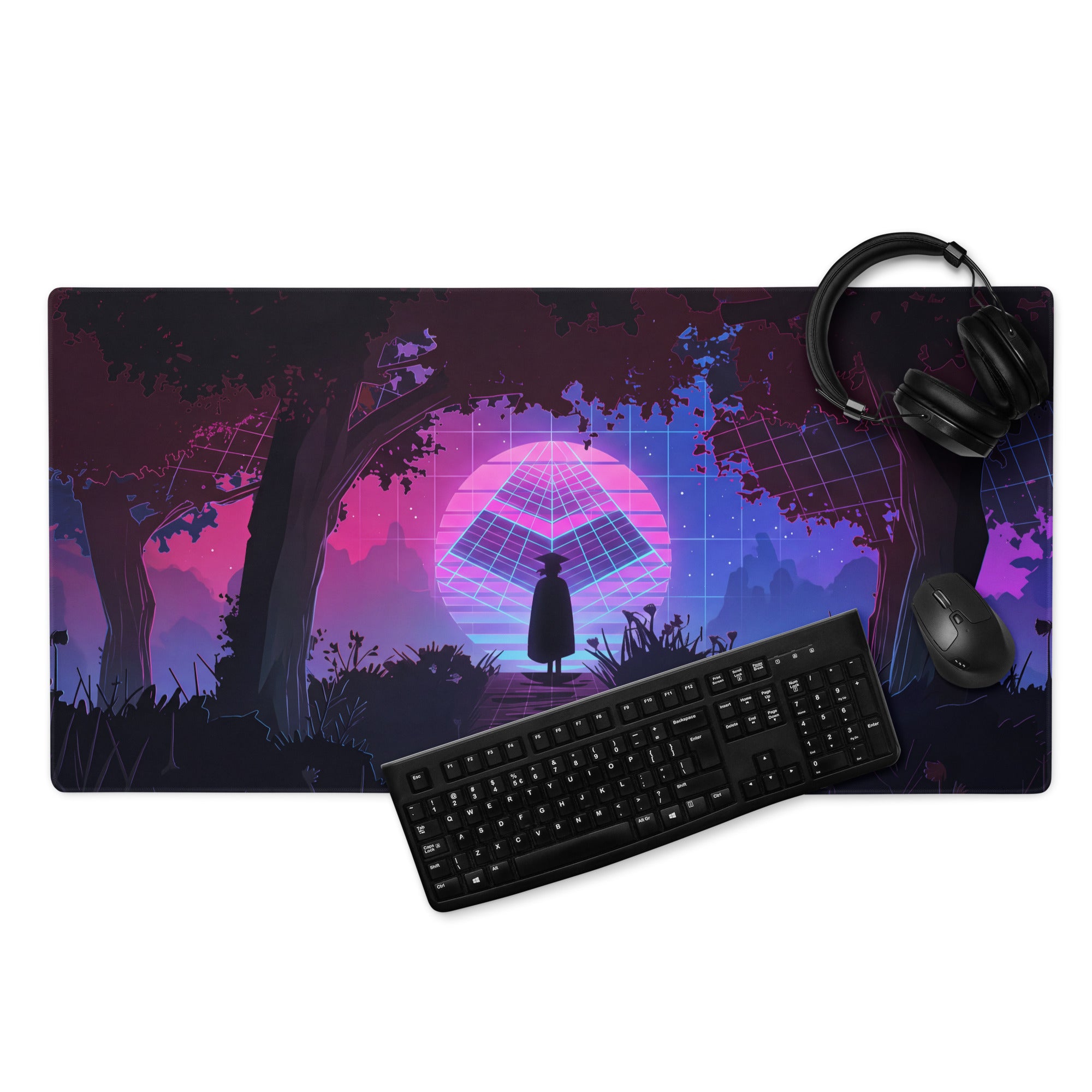 Neon Vaporwave Grid Desk Pad - Mouse Pad Neon Pink Purple Blue Desk Gaming Vaporwave Dreamy Synthwave Mood Cyberpunk
