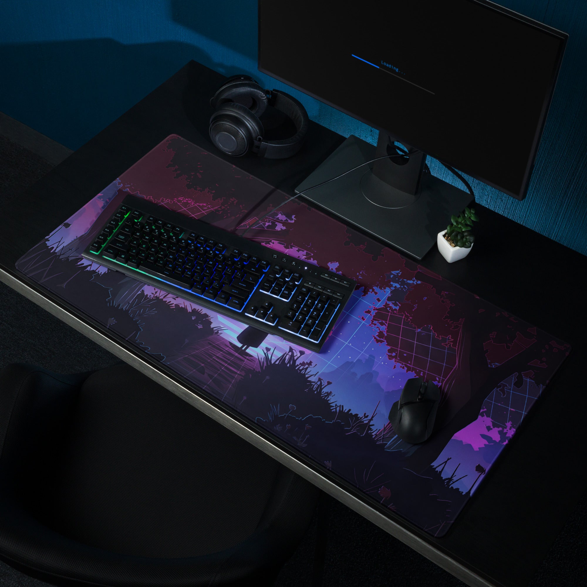 Neon Vaporwave Grid Desk Pad - Mouse Pad Neon Pink Purple Blue Desk Gaming Vaporwave Dreamy Synthwave Mood Cyberpunk