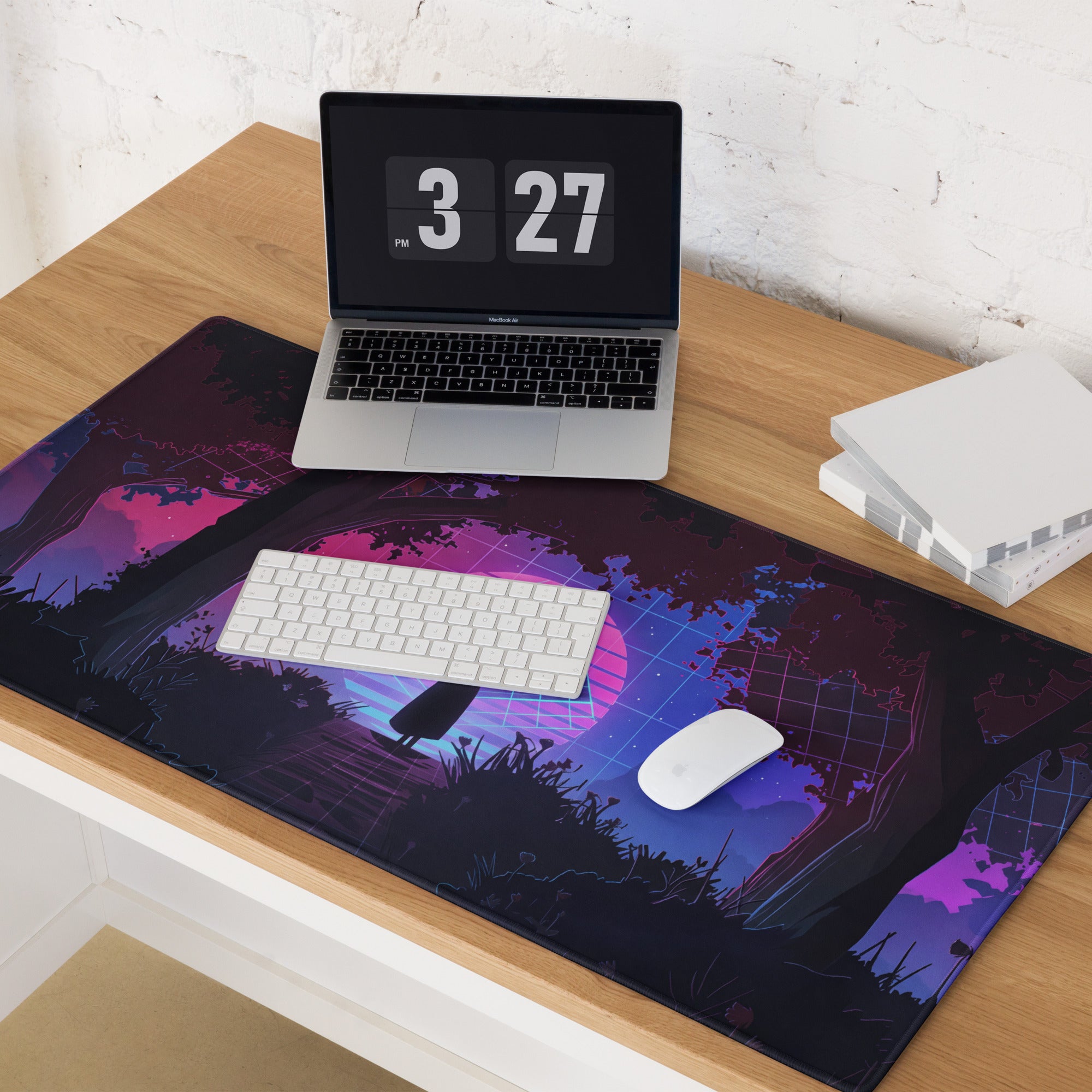 Neon Vaporwave Grid Desk Pad - Mouse Pad Neon Pink Purple Blue Desk Gaming Vaporwave Dreamy Synthwave Mood Cyberpunk