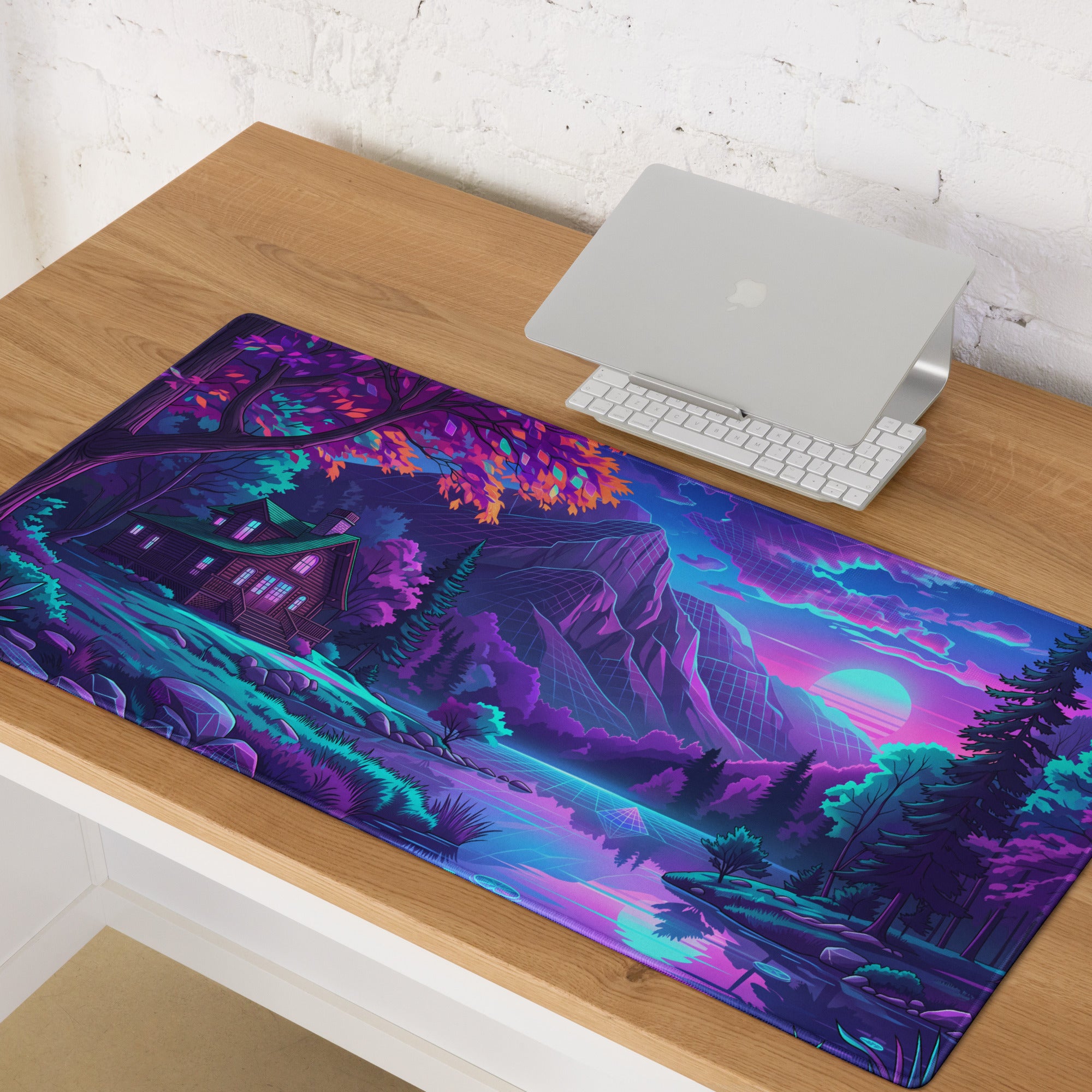 Vaporwave Neon Landscape Pad - Gaming Mouse Pad Pink Blue Desk Vaporwave Neon Mood Retro Futurism Desk Mat Digital