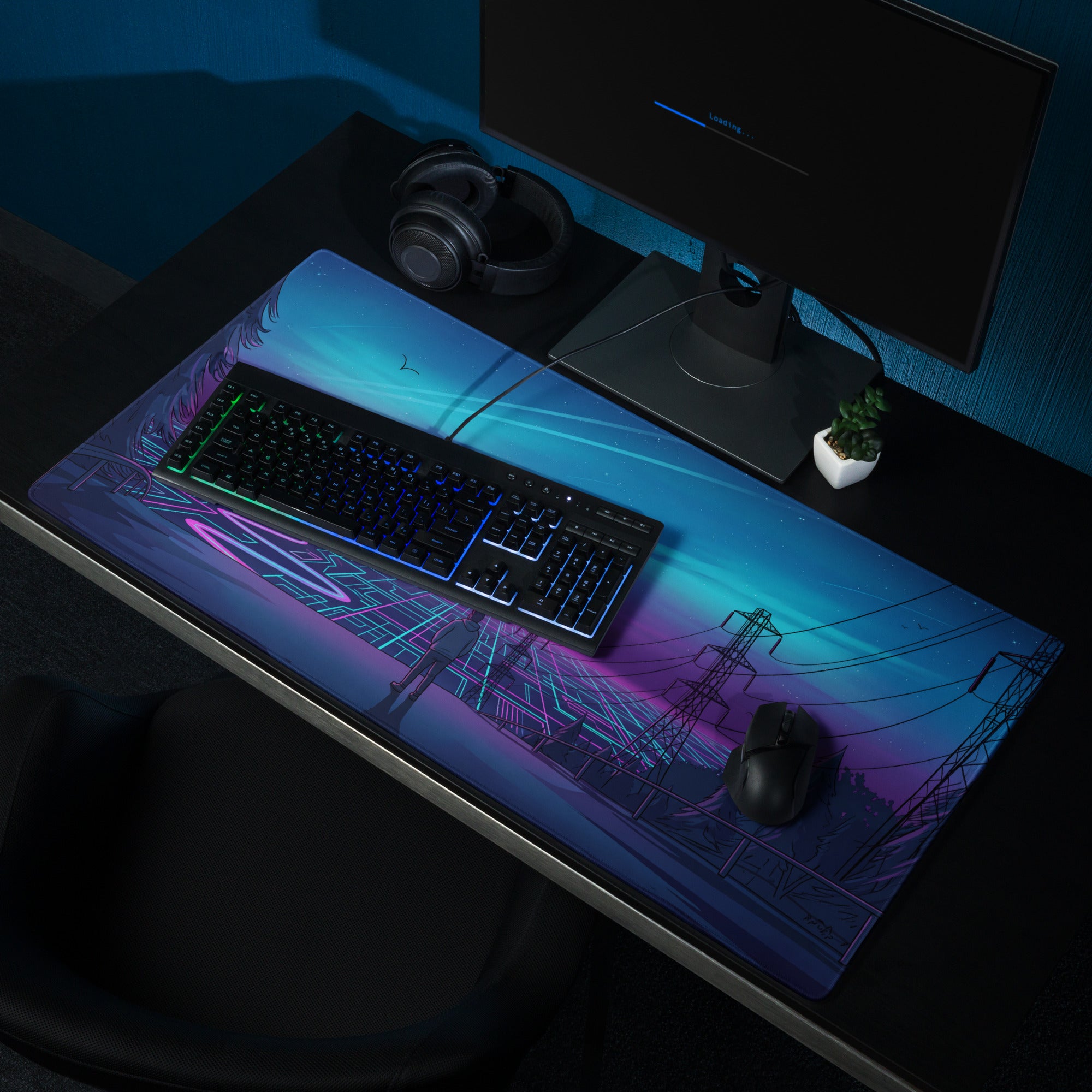Neon Vaporwave Sunset Mouse Pad - Vaporwave Mouse Pad Blue Purple Desk Setup Retro Dreamy Cyberpunk Desk Mat Digital Art