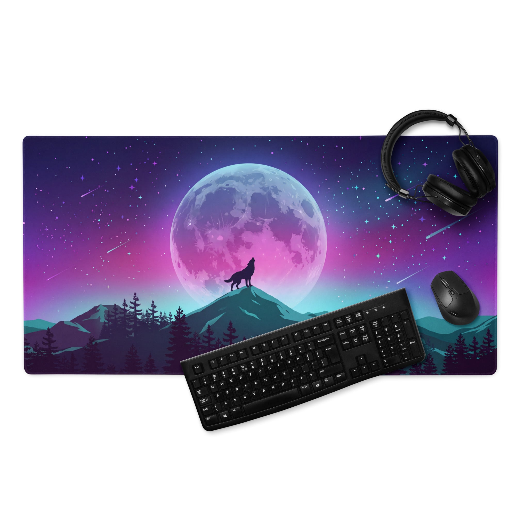 Vaporwave Moon Wolf Desk Pad - Moon Wolf Desk Pad Purple Pink Blue Gaming Mouse Pad Vaporwave Dreamy Mood Neon Futurism