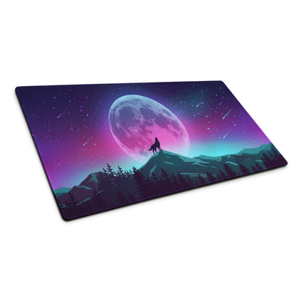 Vaporwave Moon Wolf Desk Pad - Moon Wolf Desk Pad Purple Pink Blue Gaming Mouse Pad Vaporwave Dreamy Mood Neon Futurism