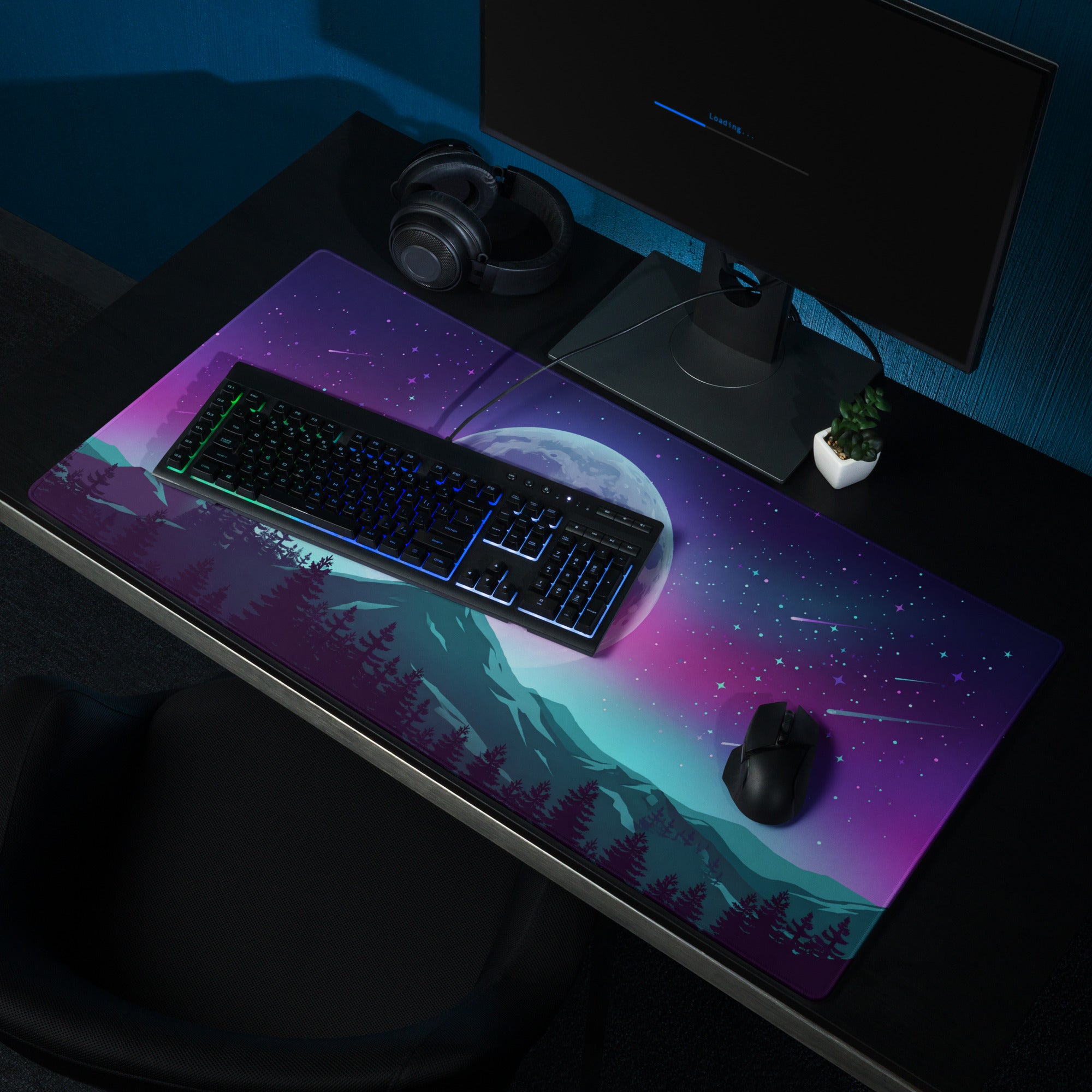 Vaporwave Moon Wolf Desk Pad - Moon Wolf Desk Pad Purple Pink Blue Gaming Mouse Pad Vaporwave Dreamy Mood Neon Futurism
