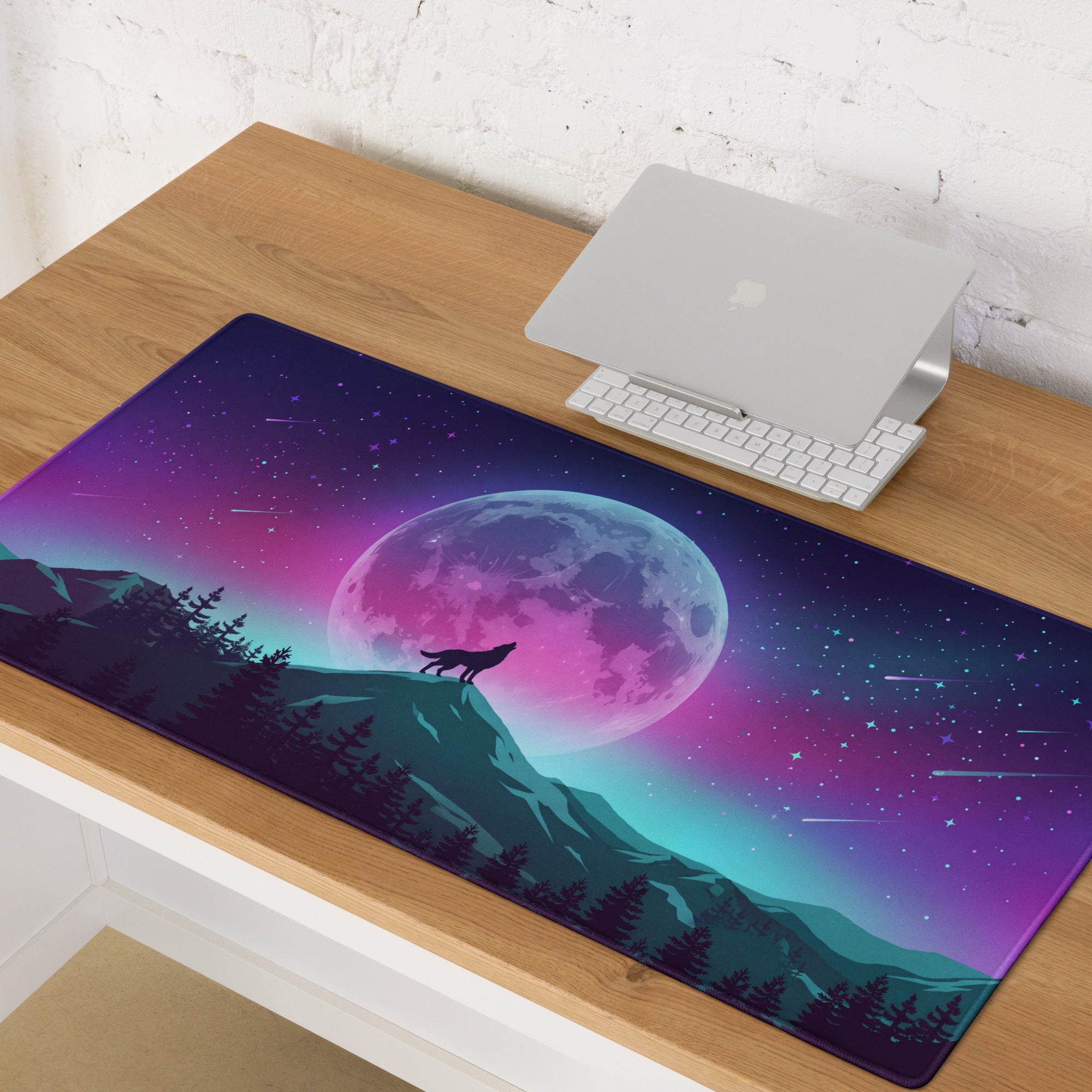 Vaporwave Moon Wolf Desk Pad - Moon Wolf Desk Pad Purple Pink Blue Gaming Mouse Pad Vaporwave Dreamy Mood Neon Futurism