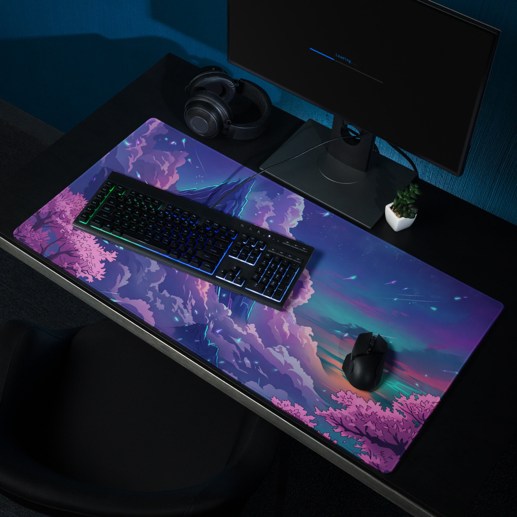 Vaporwave Mountain Neon Mouse Pad - Mountain Neon Purple Blue Gaming Vaporwave Dreamy Neon Mood Synthwave Decor