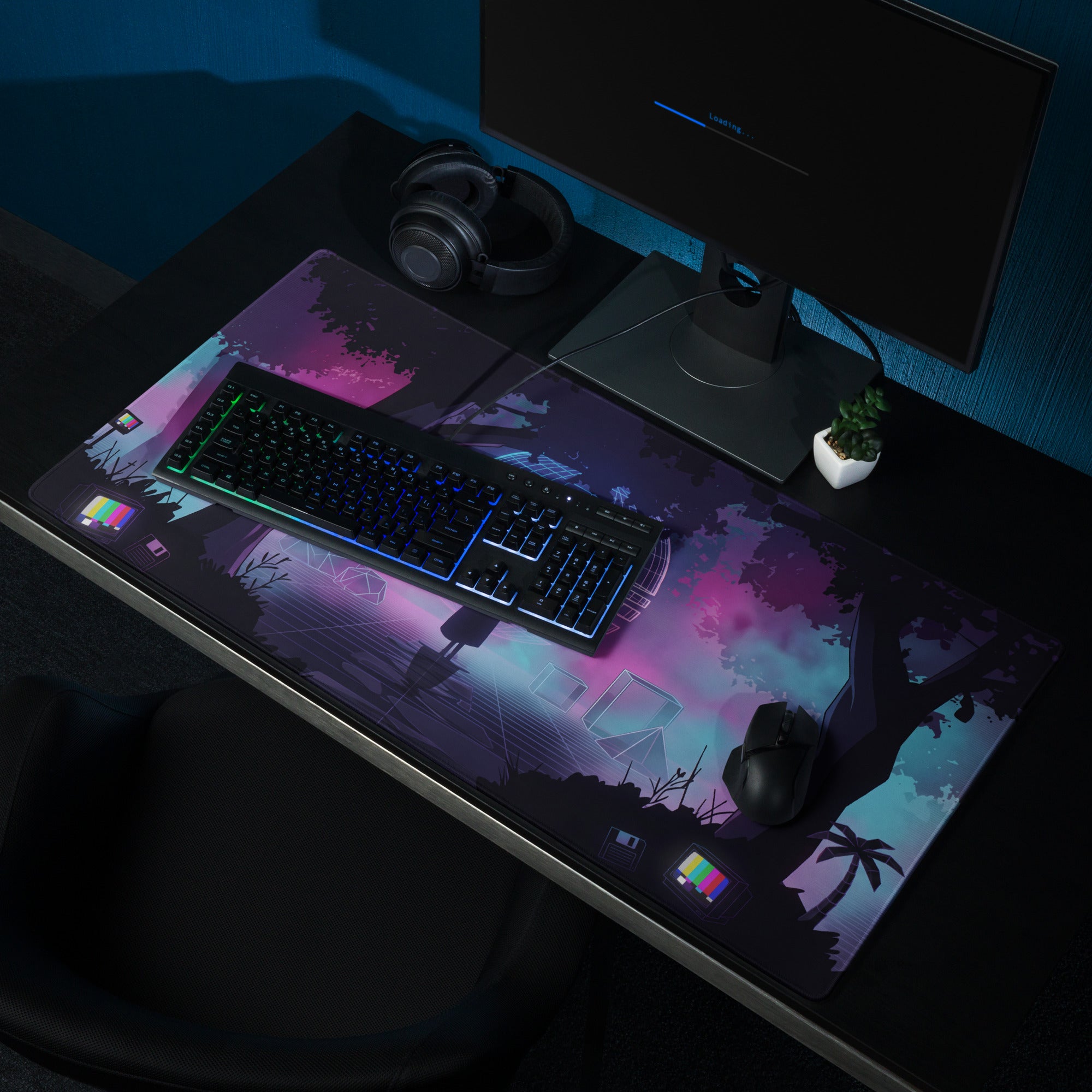 Vaporwave Neon Night Mouse Pad - Mouse Pad Neon Purple Pink Blue Gaming Desk Vaporwave Dreamy Neon Mood Digital Art