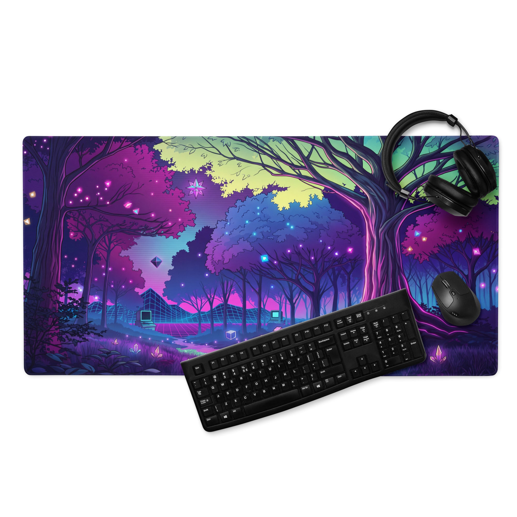 Vaporwave Neon Forest Mouse Pad - Forest Neon Purple Desk Gaming Vaporwave Dreamy Retro Futurism Desk Mat Digital Art
