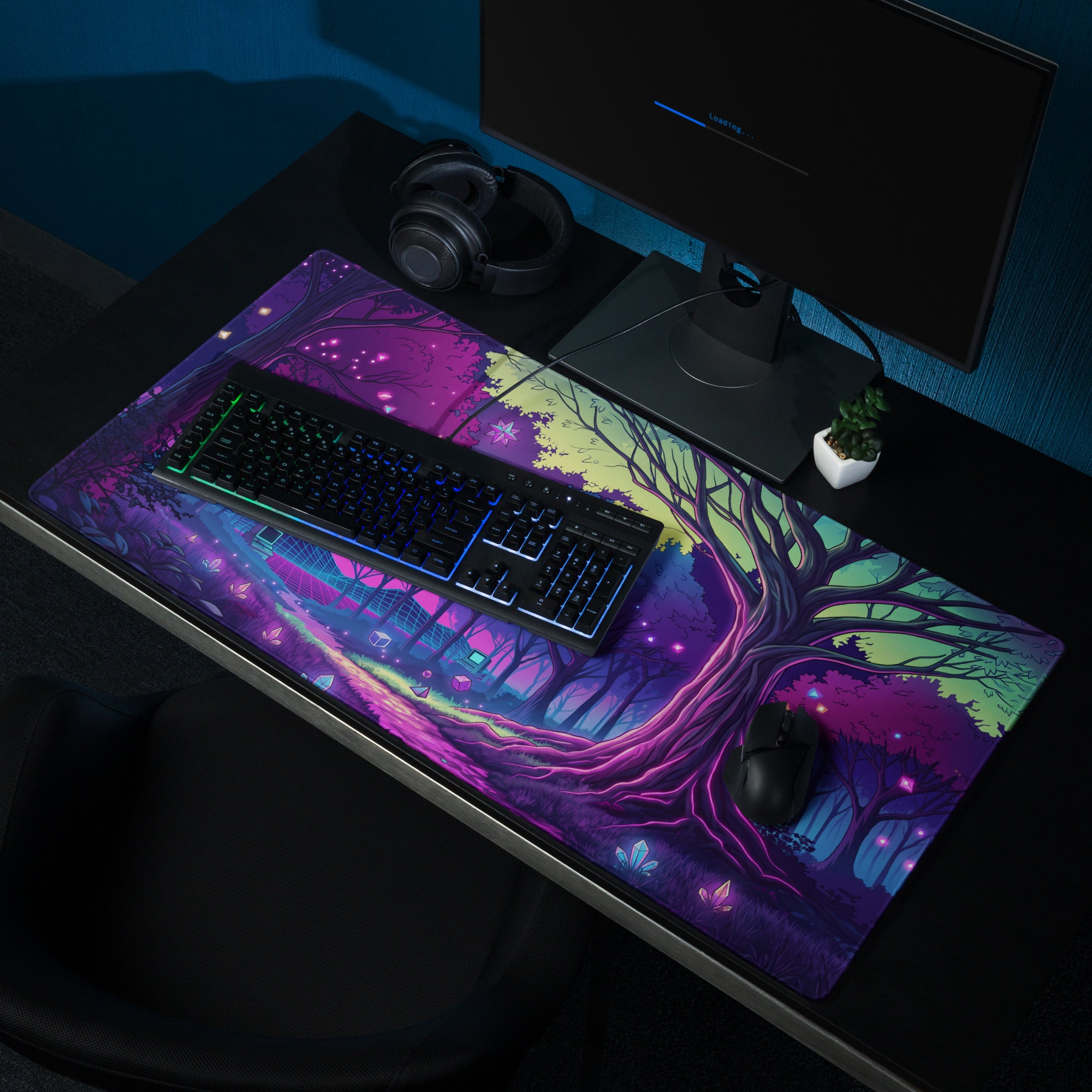 Vaporwave Neon Forest Mouse Pad - Forest Neon Purple Desk Gaming Vaporwave Dreamy Retro Futurism Desk Mat Digital Art