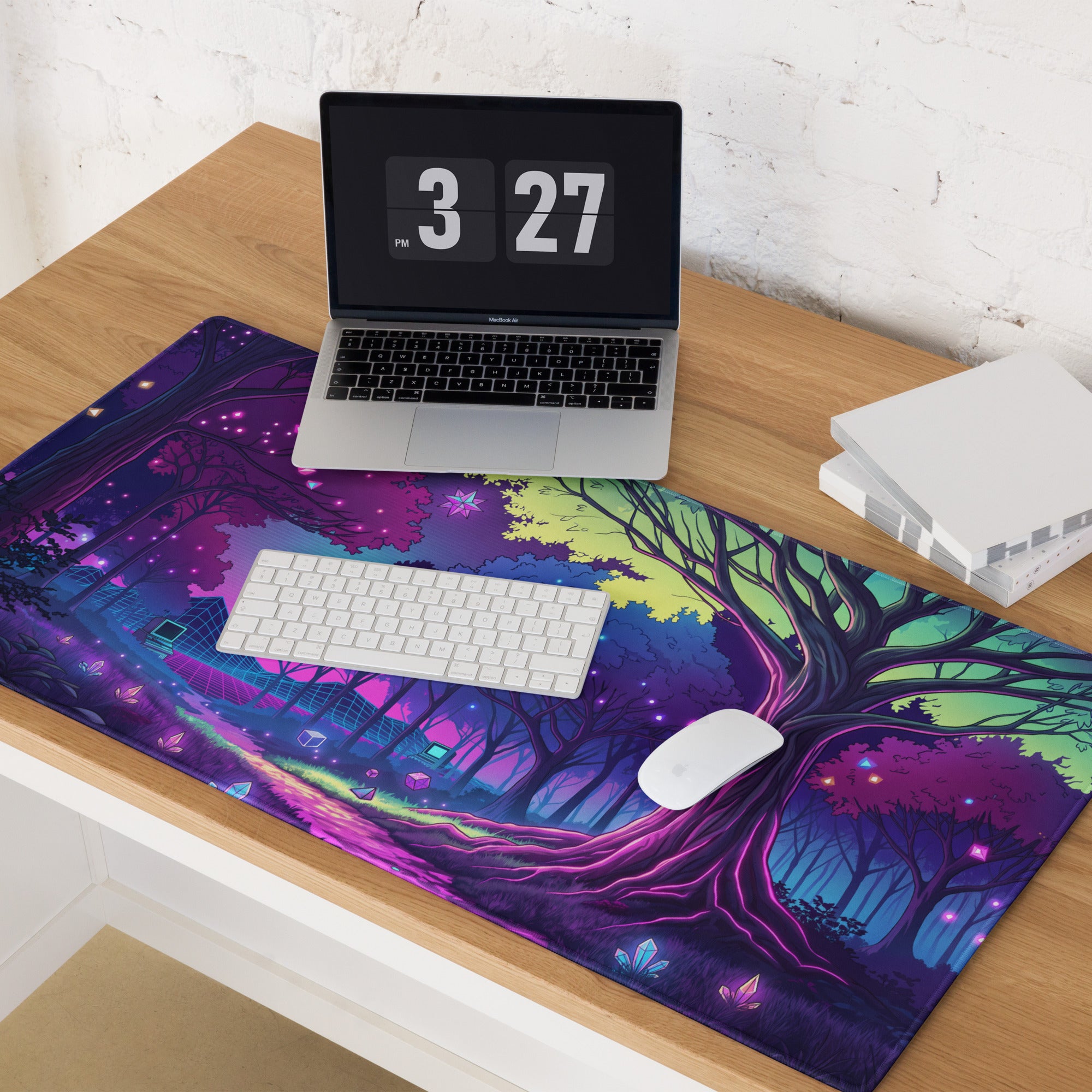 Vaporwave Neon Forest Mouse Pad - Forest Neon Purple Desk Gaming Vaporwave Dreamy Retro Futurism Desk Mat Digital Art