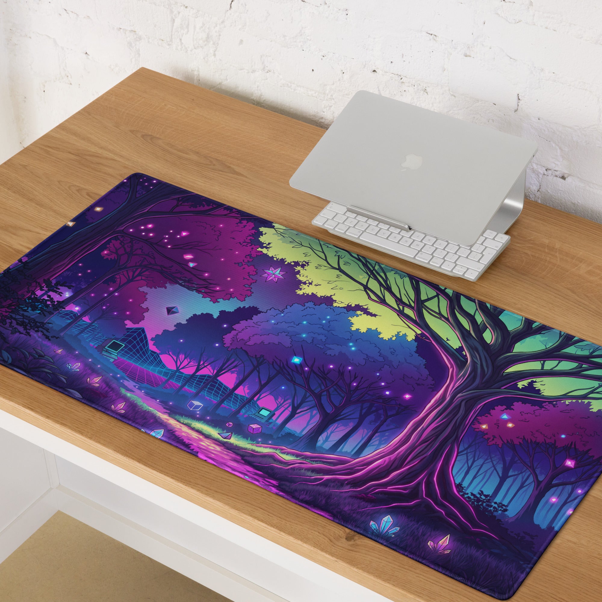 Vaporwave Neon Forest Mouse Pad - Forest Neon Purple Desk Gaming Vaporwave Dreamy Retro Futurism Desk Mat Digital Art
