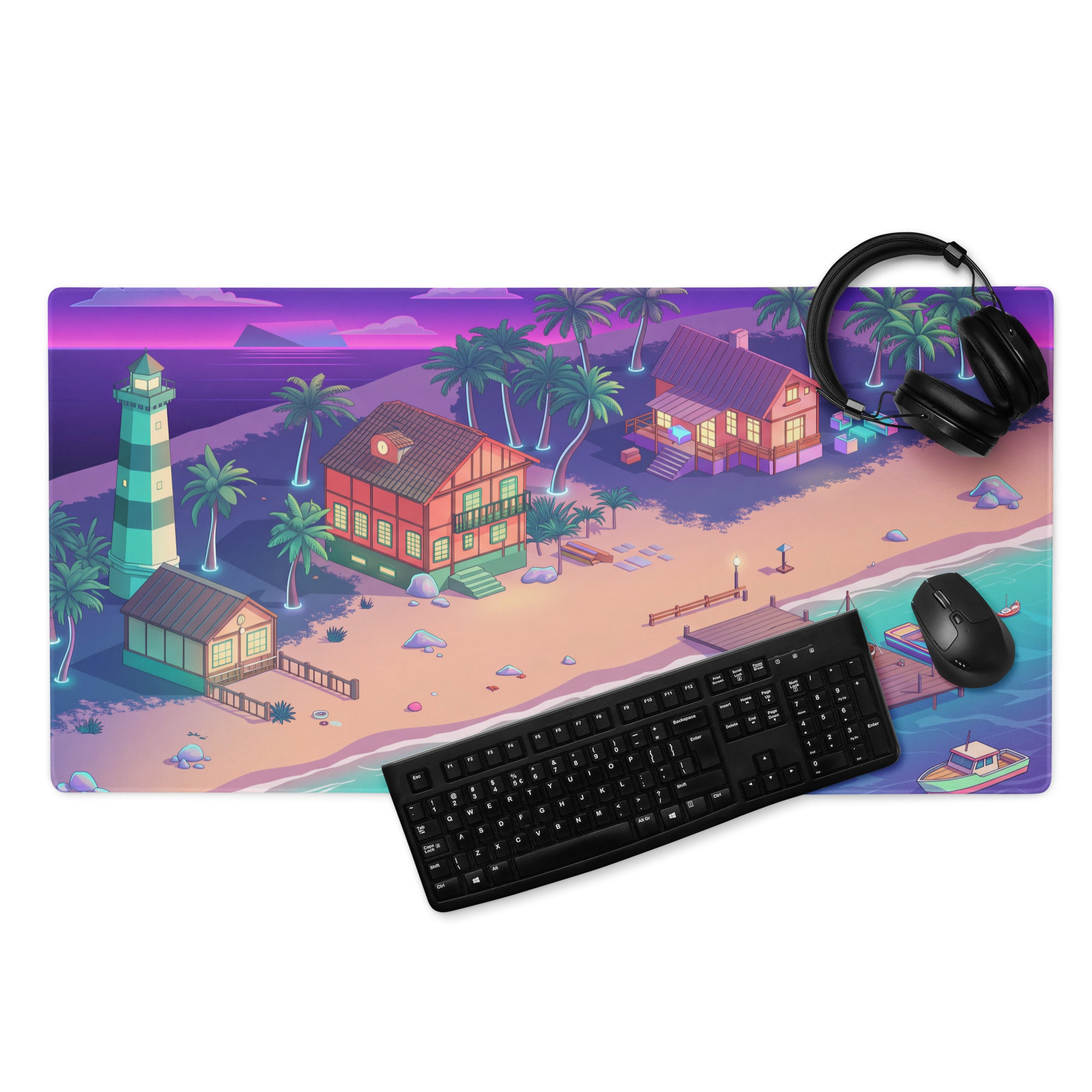 Vaporwave Beachscape Mouse Pad - Mouse Pad Purple Pink Cyan Home Office Dreamy Neon Retro Aesthetic Digital Illustration