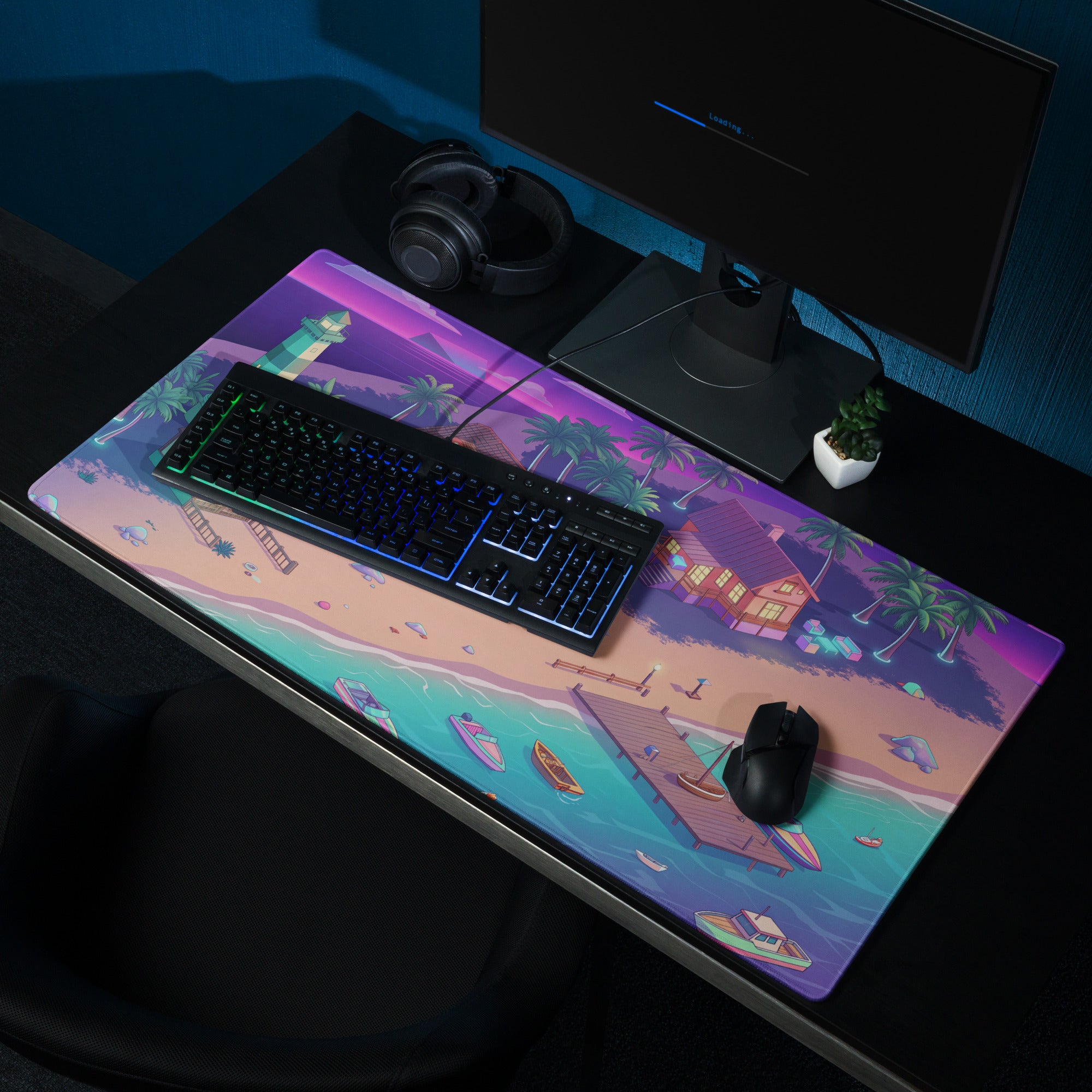 Vaporwave Beachscape Mouse Pad - Mouse Pad Purple Pink Cyan Home Office Dreamy Neon Retro Aesthetic Digital Illustration