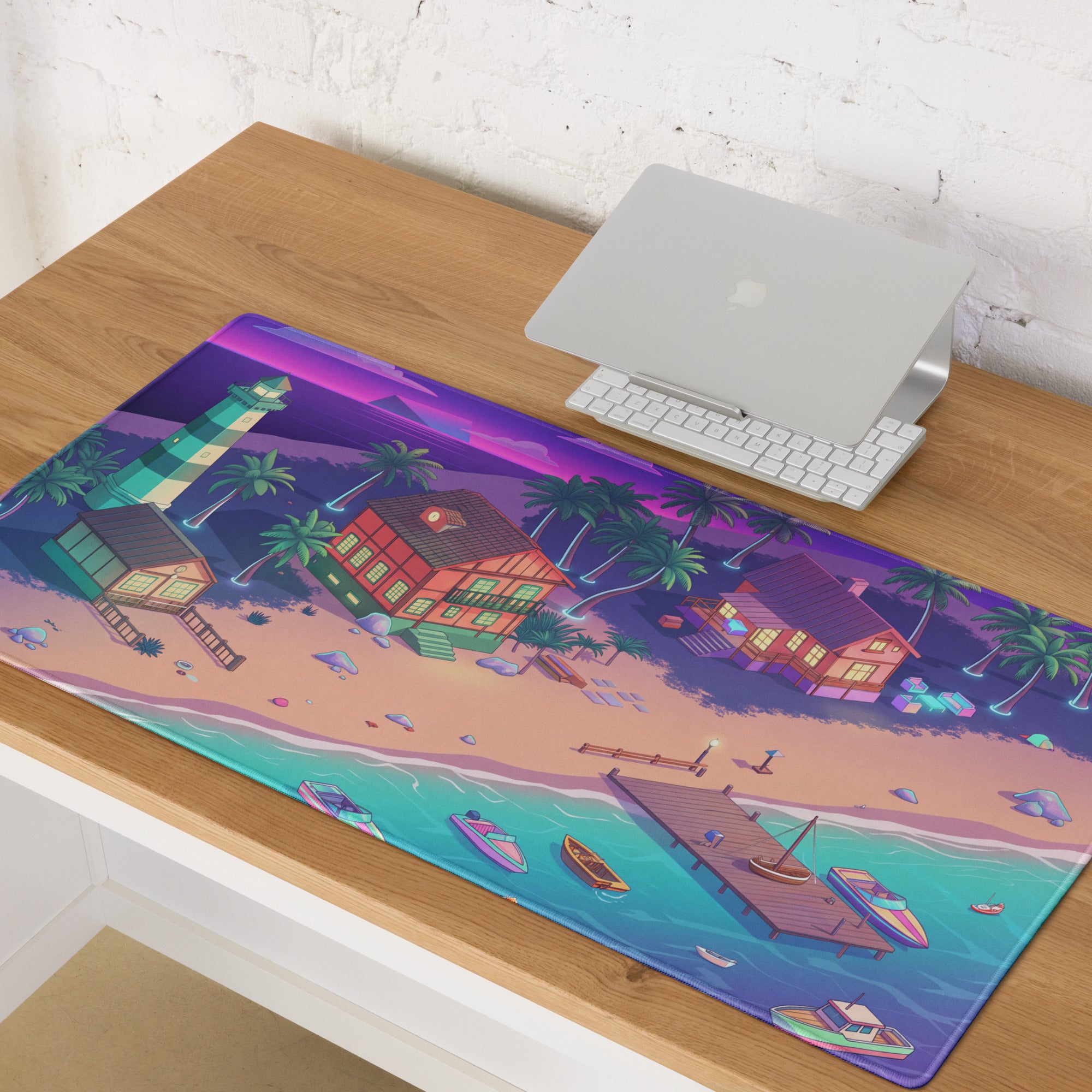 Vaporwave Beachscape Mouse Pad - Mouse Pad Purple Pink Cyan Home Office Dreamy Neon Retro Aesthetic Digital Illustration