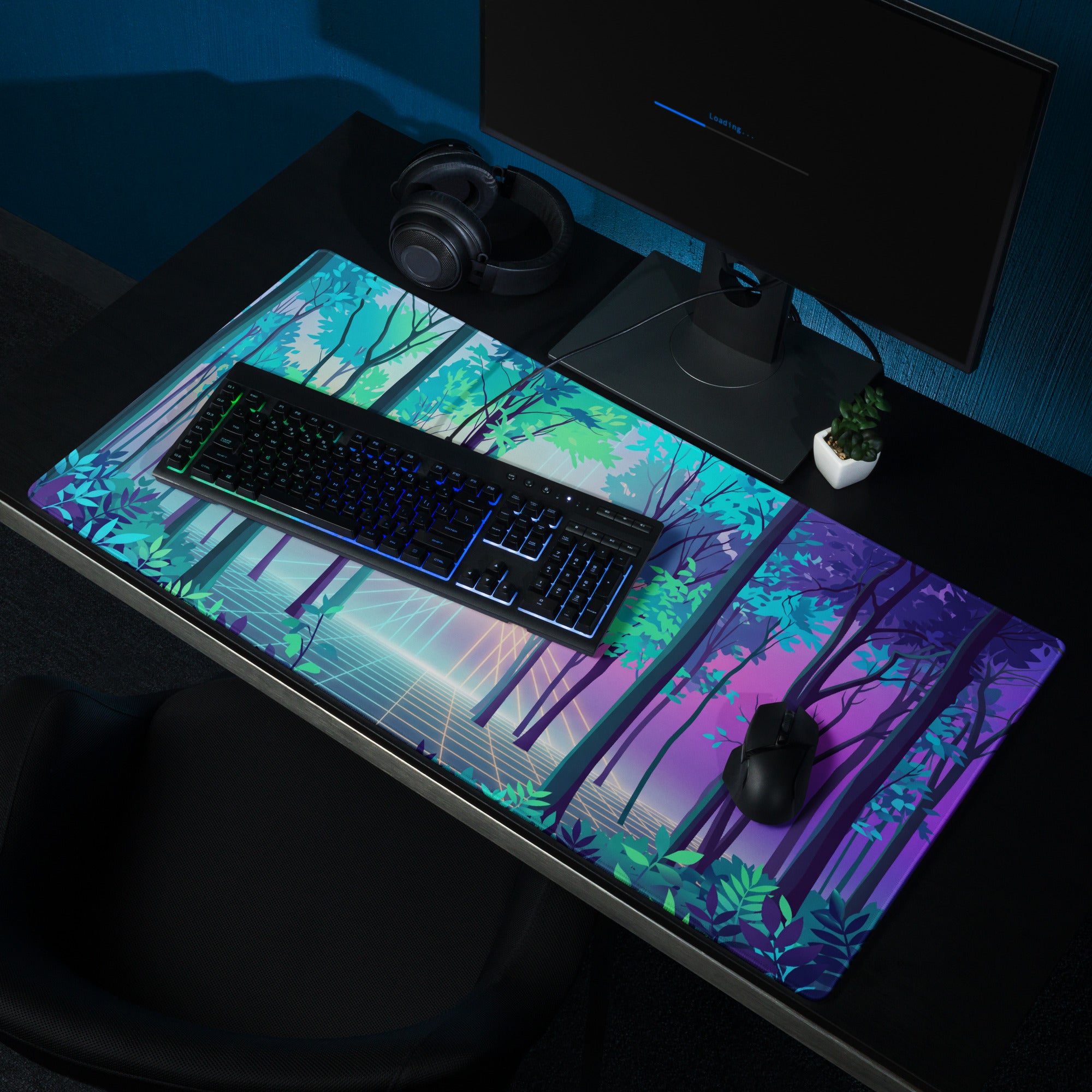 Vaporwave Forest Mouse Pad - Vaporwave Forest Mouse Pad Blue Purple Gradient Desk Retro Dreamy Mood Neon Digital Art