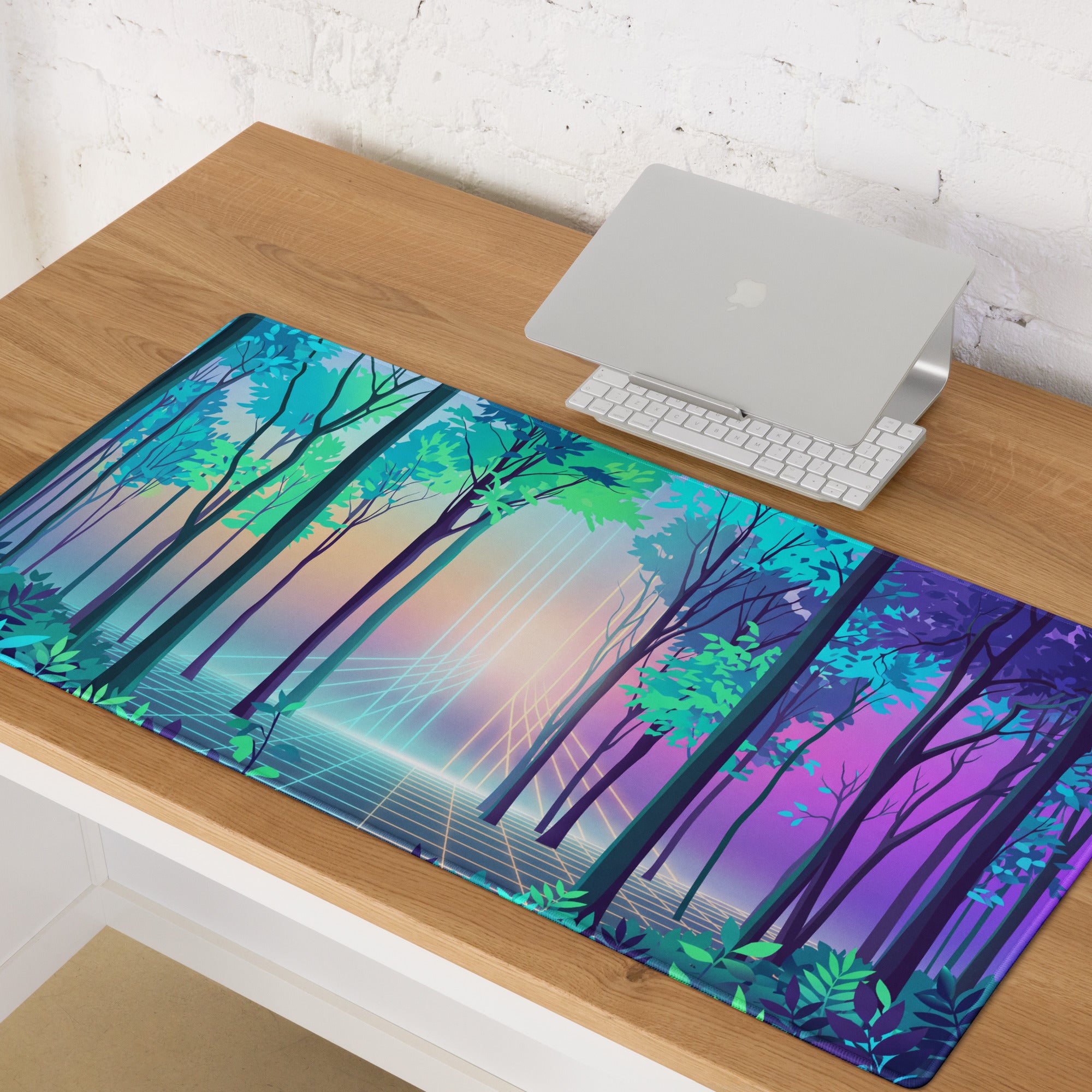 Vaporwave Forest Mouse Pad - Vaporwave Forest Mouse Pad Blue Purple Gradient Desk Retro Dreamy Mood Neon Digital Art