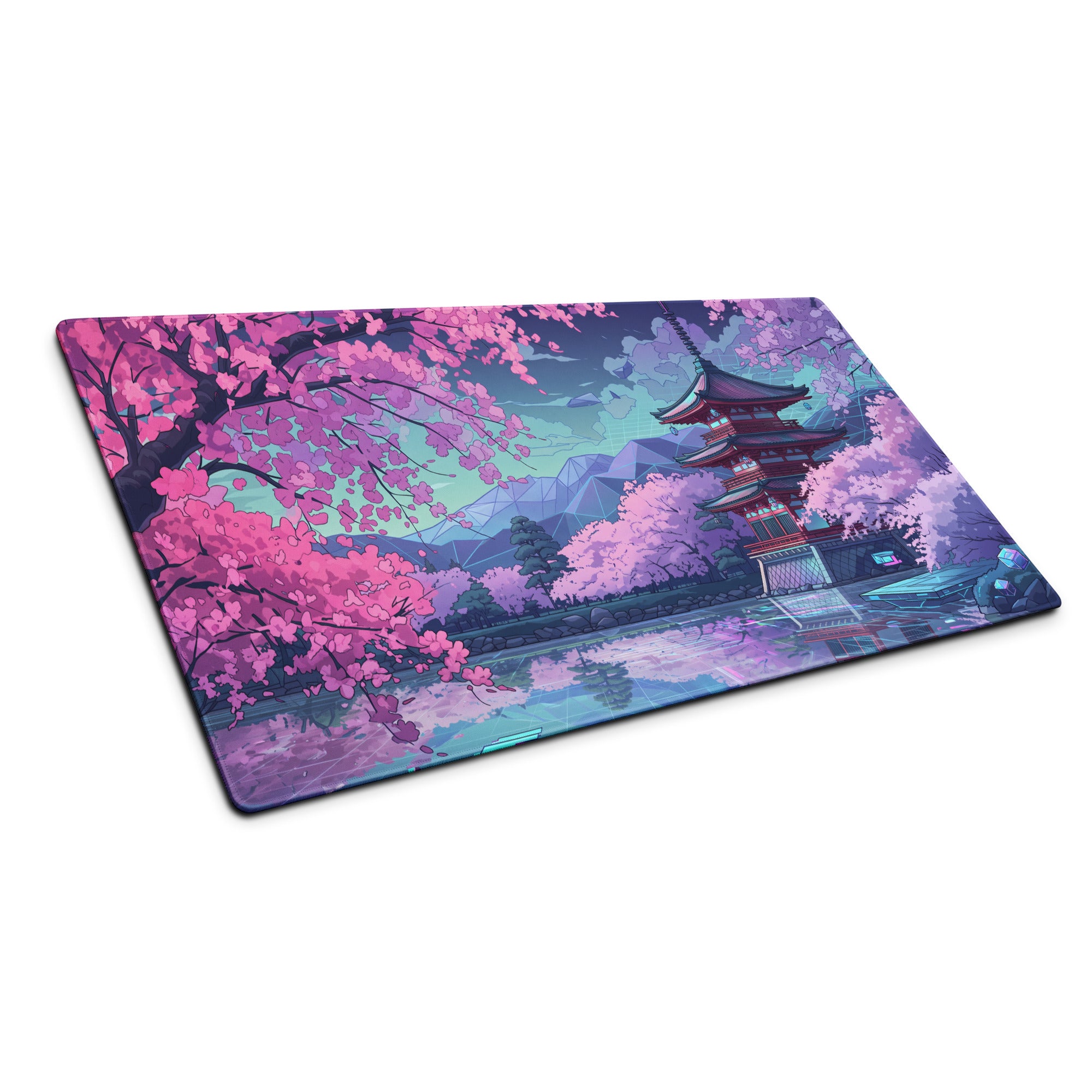 Vaporwave Sakura Night Pad - Gaming Mouse Pad Pink Purple Teal Vaporwave Dreamy Retro Neon Decor Cyberpunk Digital Art
