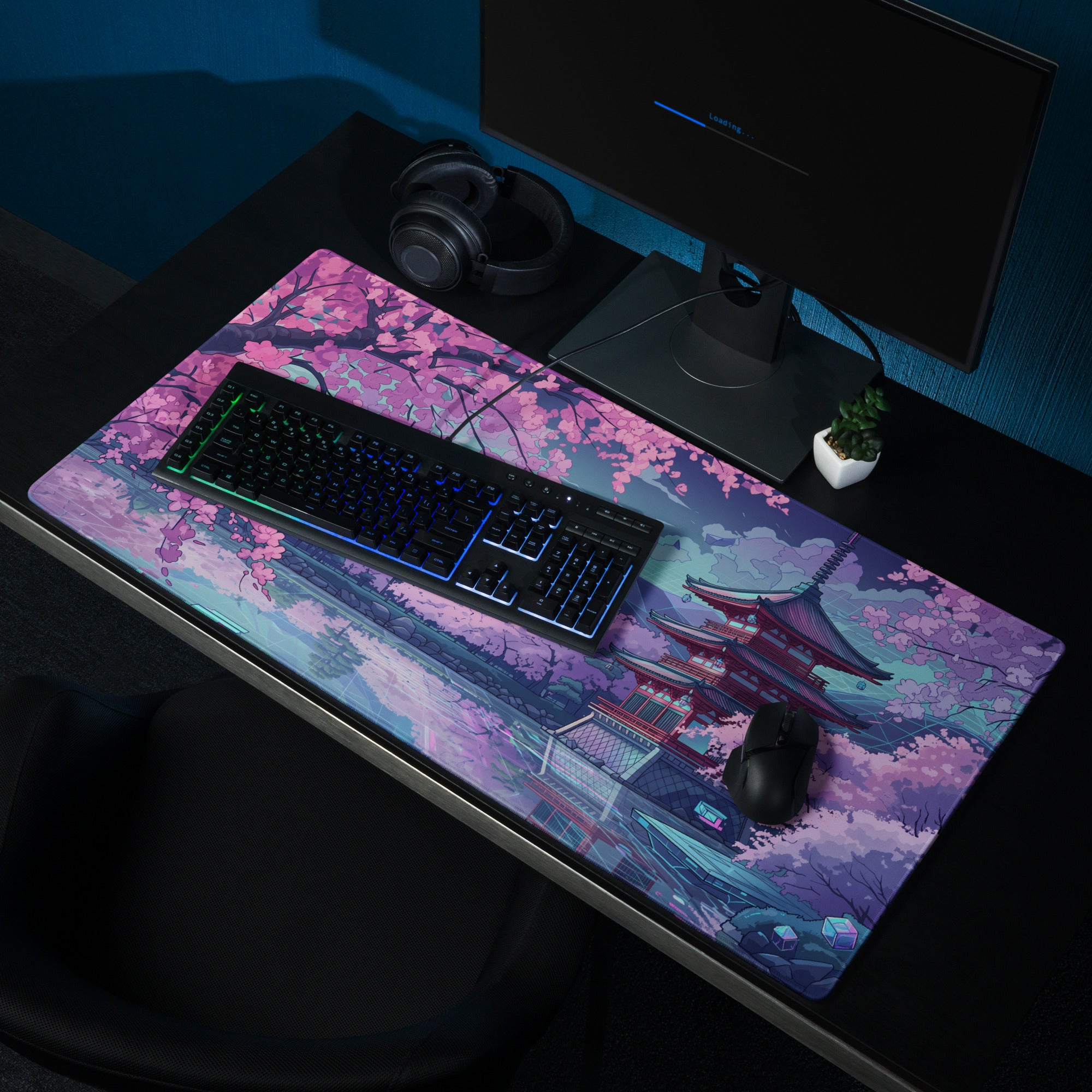 Vaporwave Sakura Night Pad - Gaming Mouse Pad Pink Purple Teal Vaporwave Dreamy Retro Neon Decor Cyberpunk Digital Art