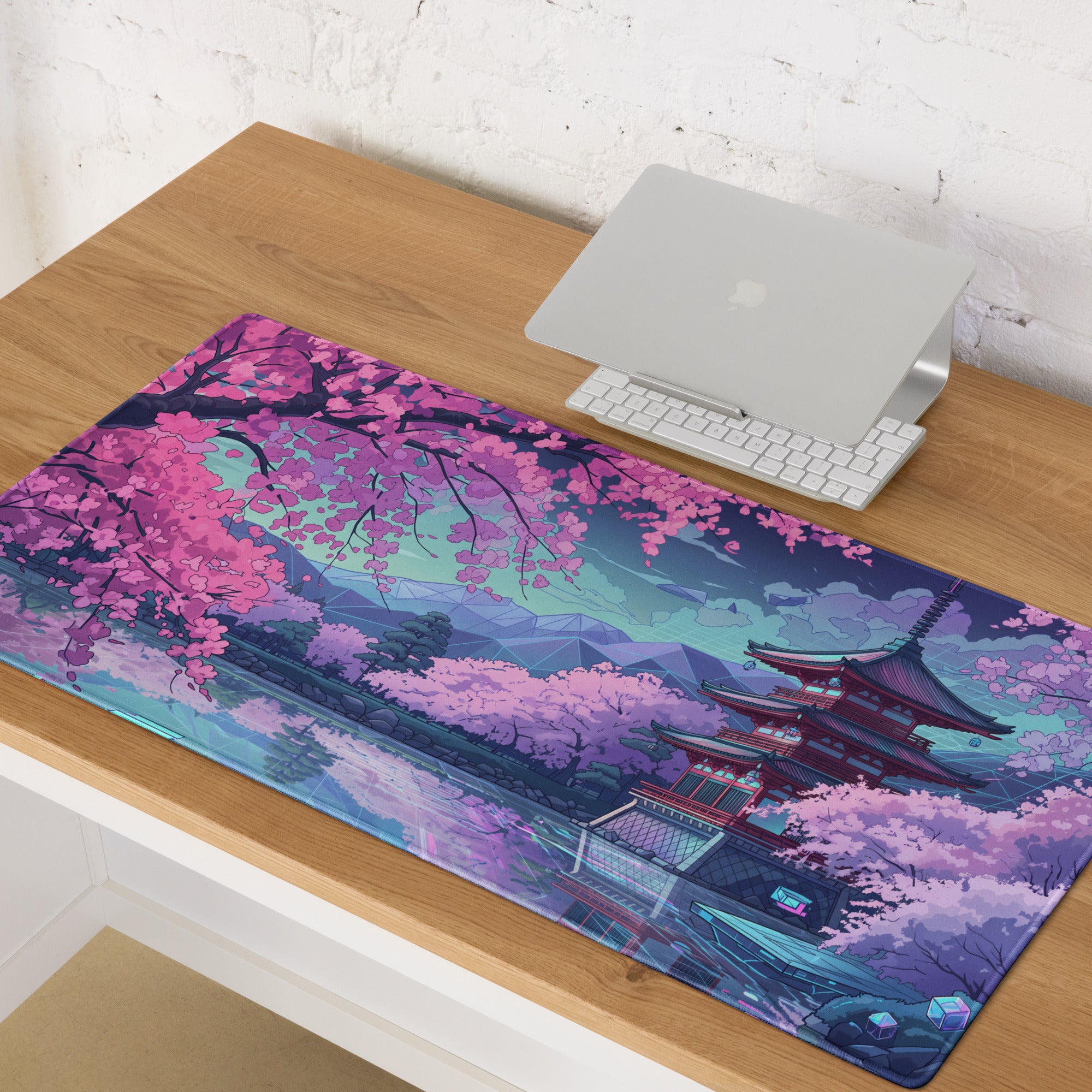 Vaporwave Sakura Night Pad - Gaming Mouse Pad Pink Purple Teal Vaporwave Dreamy Retro Neon Decor Cyberpunk Digital Art