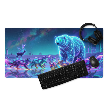 Neon Wolf Vaporwave Desk Pad - Wolf Vaporwave Neon Blues Gaming Desk Pad Dreamy Neon Mood, Gaming Mouse Pad, Digital Art