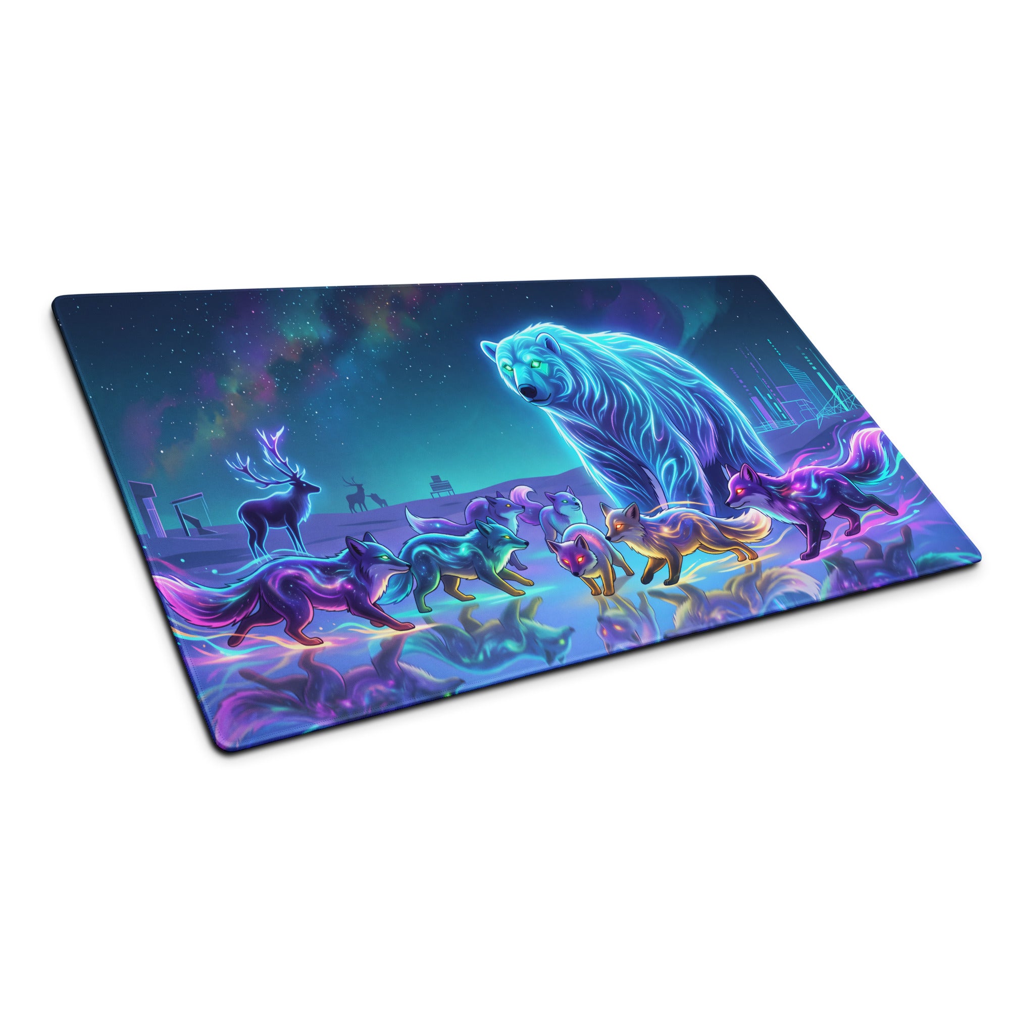 Neon Wolf Vaporwave Desk Pad - Wolf Vaporwave Neon Blues Gaming Desk Pad Dreamy Neon Mood, Gaming Mouse Pad, Digital Art