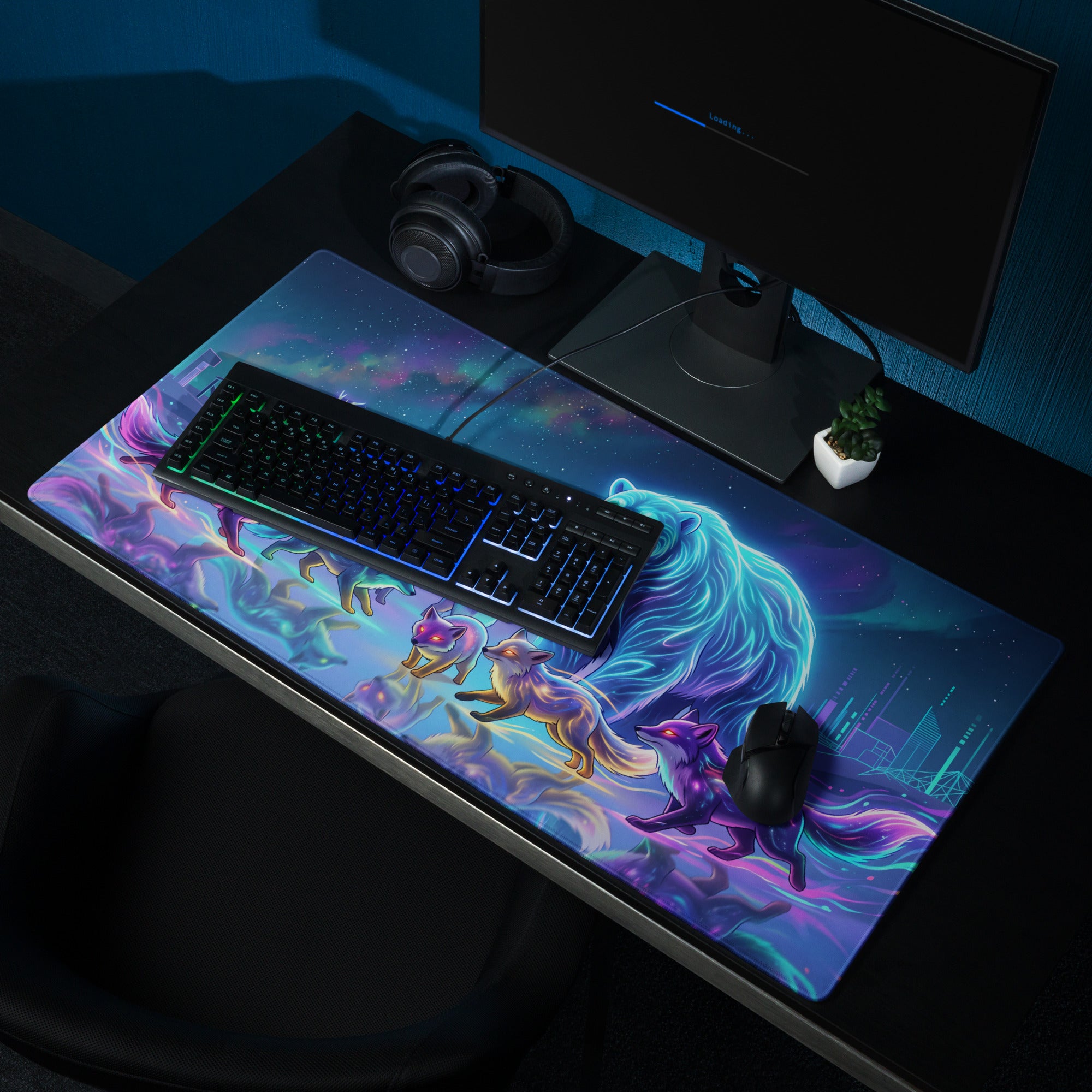 Neon Wolf Vaporwave Desk Pad - Wolf Vaporwave Neon Blues Gaming Desk Pad Dreamy Neon Mood, Gaming Mouse Pad, Digital Art