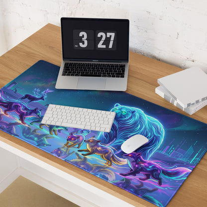 Neon Wolf Vaporwave Desk Pad - Wolf Vaporwave Neon Blues Gaming Desk Pad Dreamy Neon Mood, Gaming Mouse Pad, Digital Art