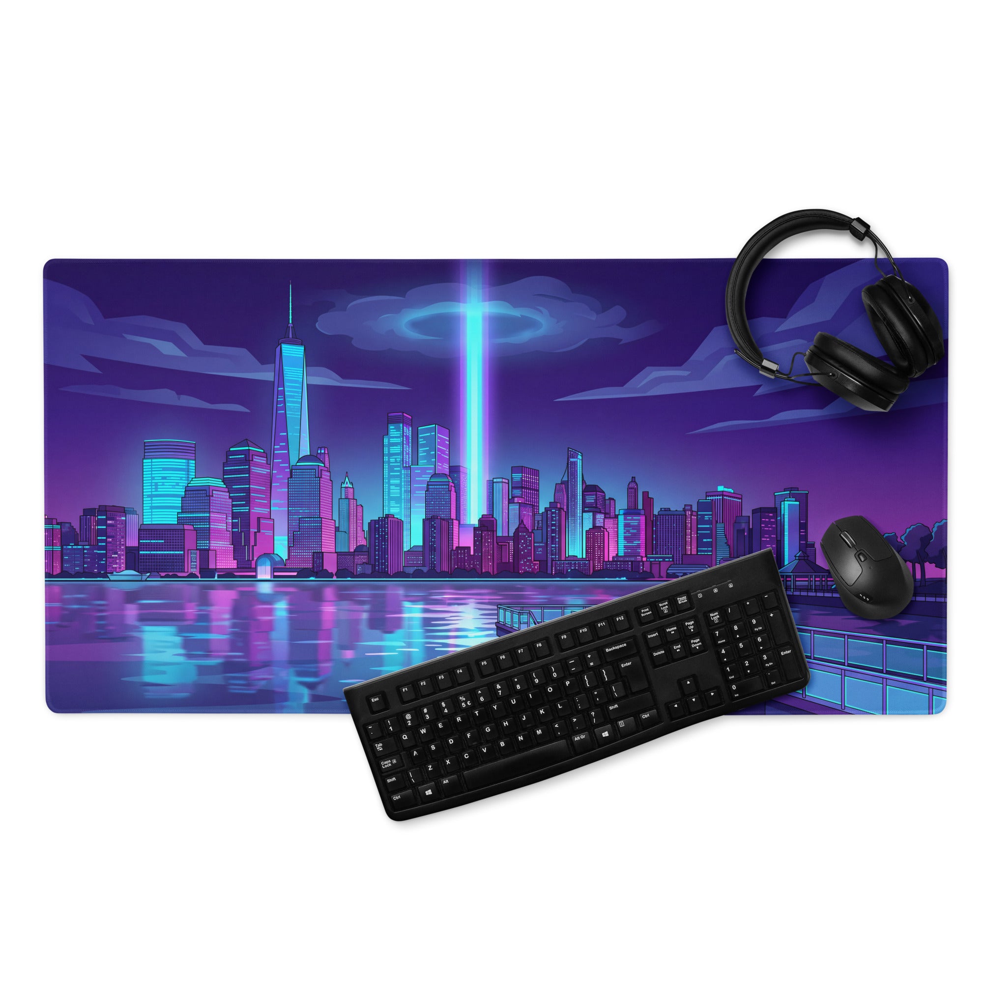 Vaporwave Cityscape Mouse Pad - Vaporwave Cityscape Mouse Pad Purple Blue Gaming Setup Synthwave Neon Mood Desk Pad