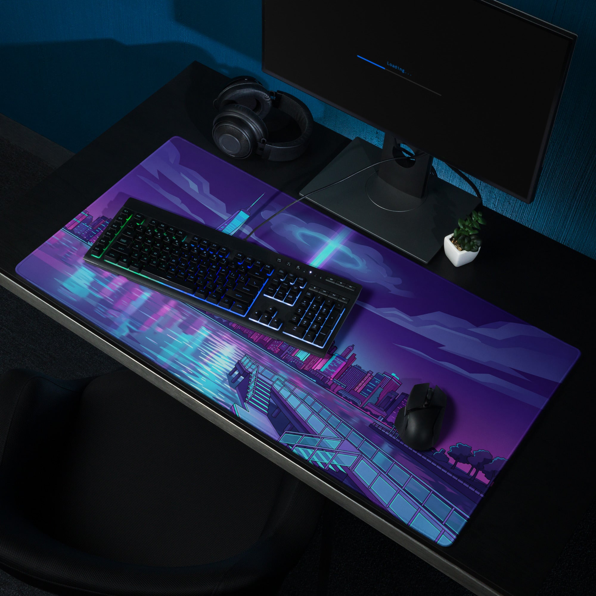 Vaporwave Cityscape Mouse Pad - Vaporwave Cityscape Mouse Pad Purple Blue Gaming Setup Synthwave Neon Mood Desk Pad