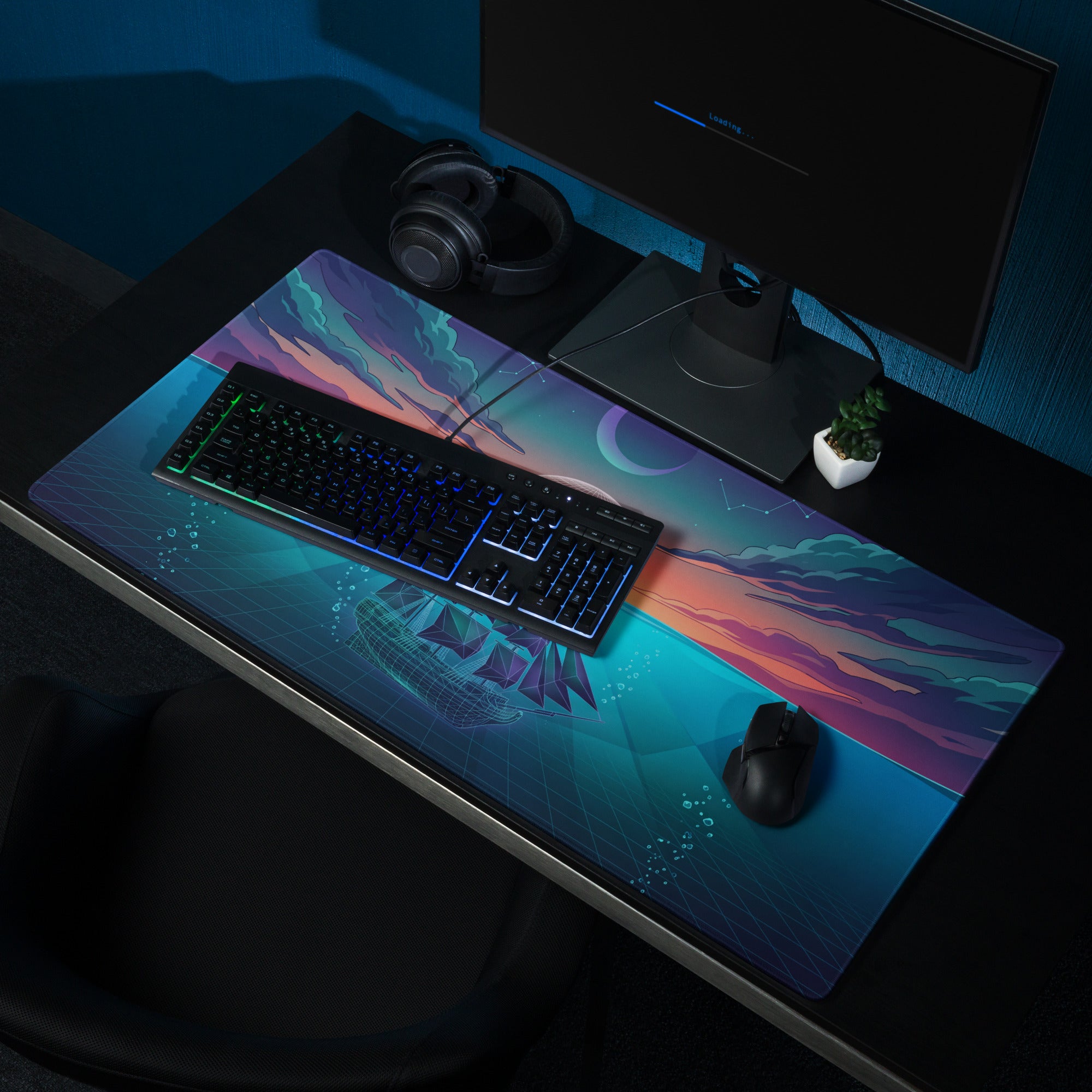 Vaporwave Neon Ocean Mouse Pad - Gaming Mouse Pad Neon Pink Blue Desk Setup Vaporwave Dreamy Neon Aesthetic 80s