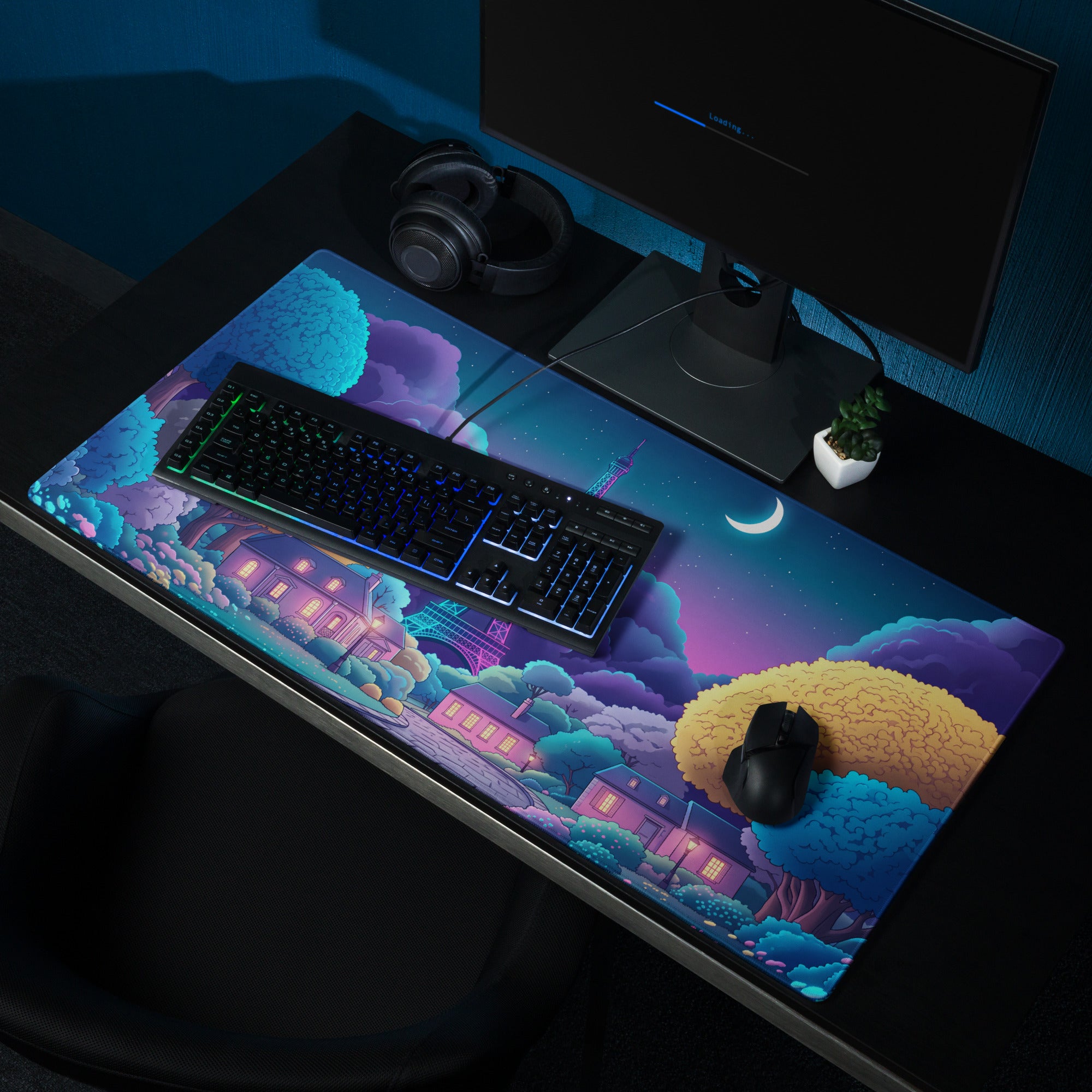 Neon Vaporwave Desk Pad Landscape - Mouse Pad Neon Pink Purple Blue For Gaming Desk Retro Dreamy Synthwave Decor Art