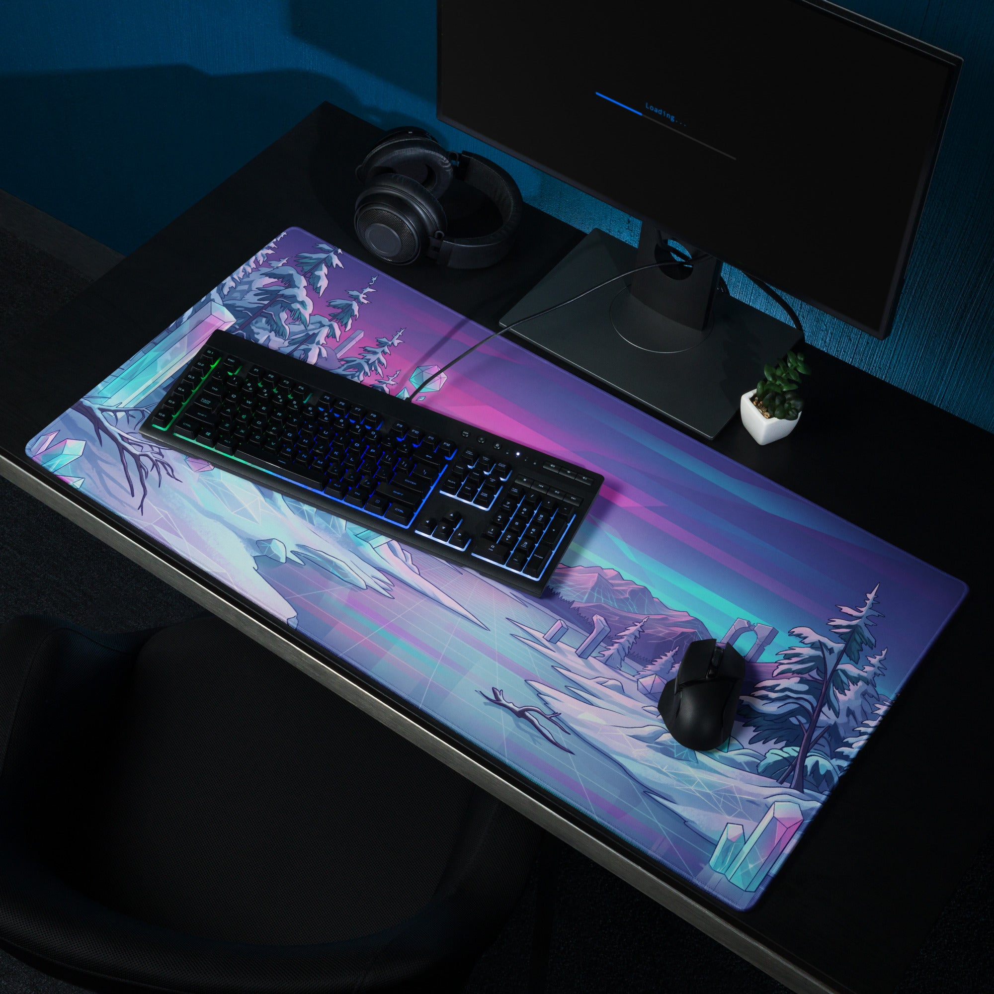Vaporwave Neon Alps Desk Mat - Mouse Pad Pink Purple Blue Desk Setup Vaporwave Dreamy Mood Retro Futurism Digital Art