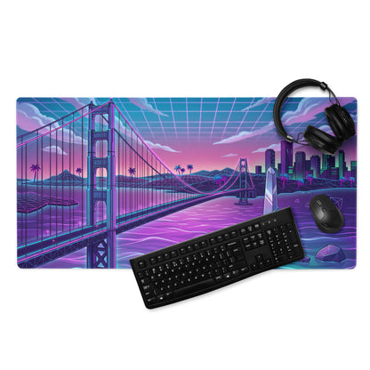 Neon Vaporwave Bridge City Pad - Mouse Pad Neon Pink Teal Gaming Desk Vaporwave Dreamy Cyberpunk Digital Art