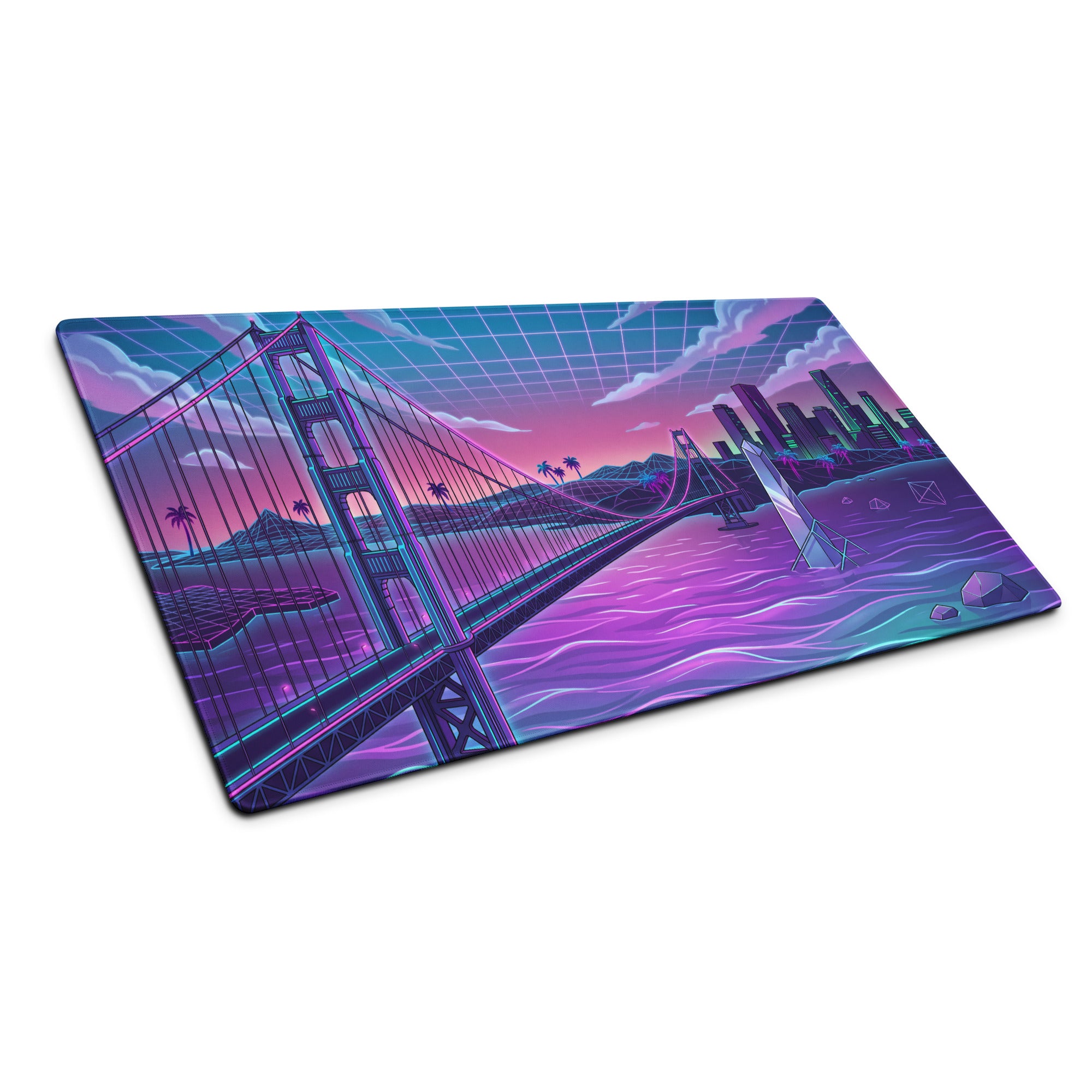 Neon Vaporwave Bridge City Pad - Mouse Pad Neon Pink Teal Gaming Desk Vaporwave Dreamy Cyberpunk Digital Art