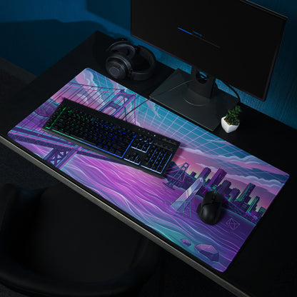 Neon Vaporwave Bridge City Pad - Mouse Pad Neon Pink Teal Gaming Desk Vaporwave Dreamy Cyberpunk Digital Art