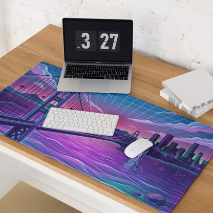 Neon Vaporwave Bridge City Pad - Mouse Pad Neon Pink Teal Gaming Desk Vaporwave Dreamy Cyberpunk Digital Art