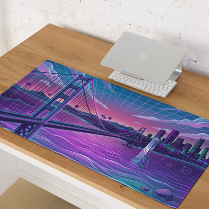 Neon Vaporwave Bridge City Pad - Mouse Pad Neon Pink Teal Gaming Desk Vaporwave Dreamy Cyberpunk Digital Art