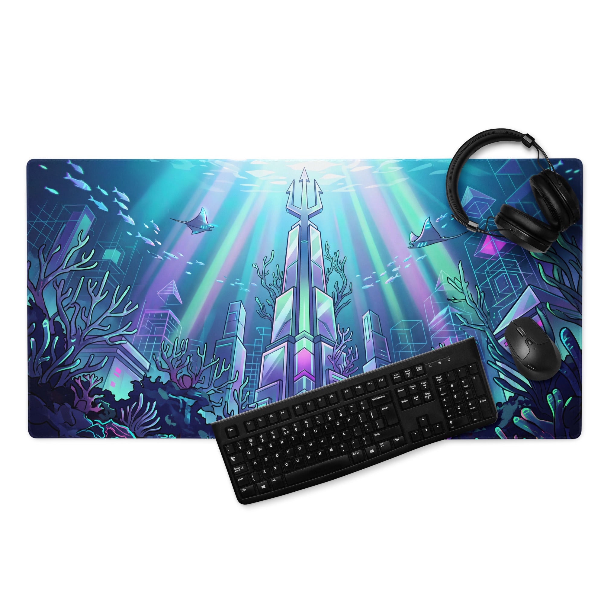 Neon Ocean Vaporwave Mousepad - Mousepad Neon Cyan Purple Pink Gaming Desk Vaporwave Dreamy Synthwave Neon Ocean Digital