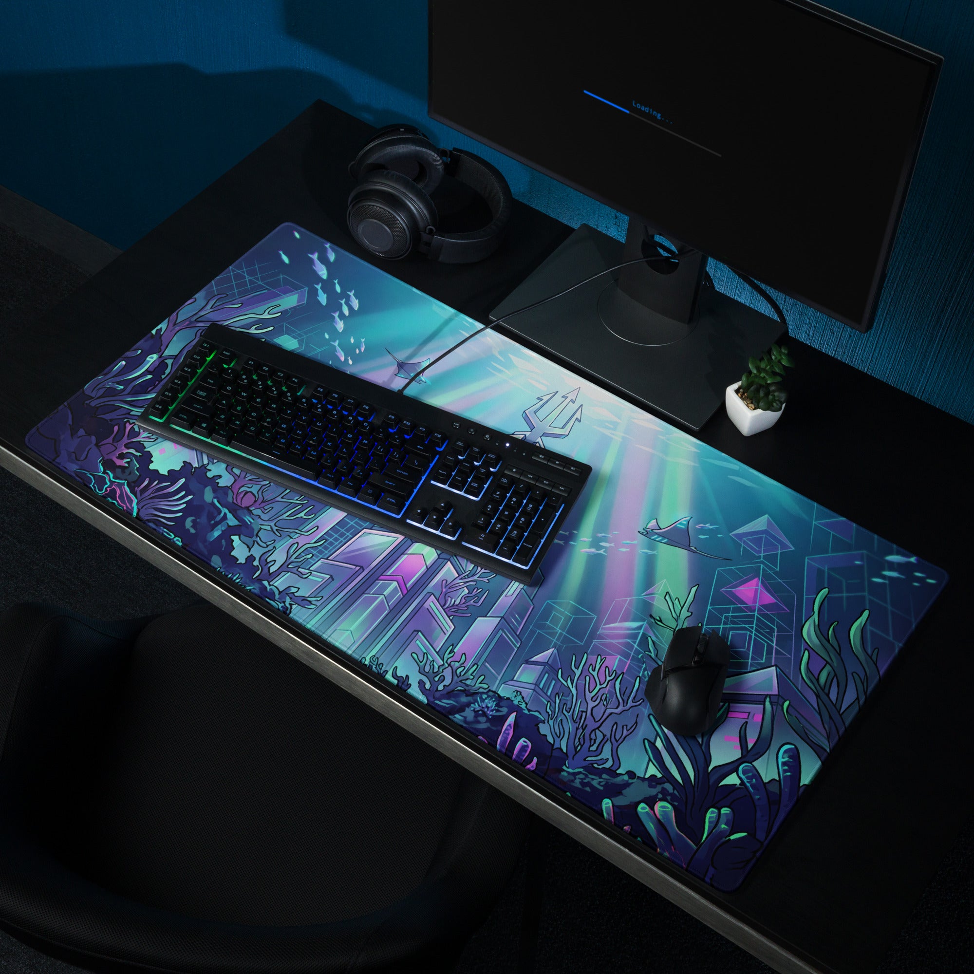 Neon Ocean Vaporwave Mousepad - Mousepad Neon Cyan Purple Pink Gaming Desk Vaporwave Dreamy Synthwave Neon Ocean Digital