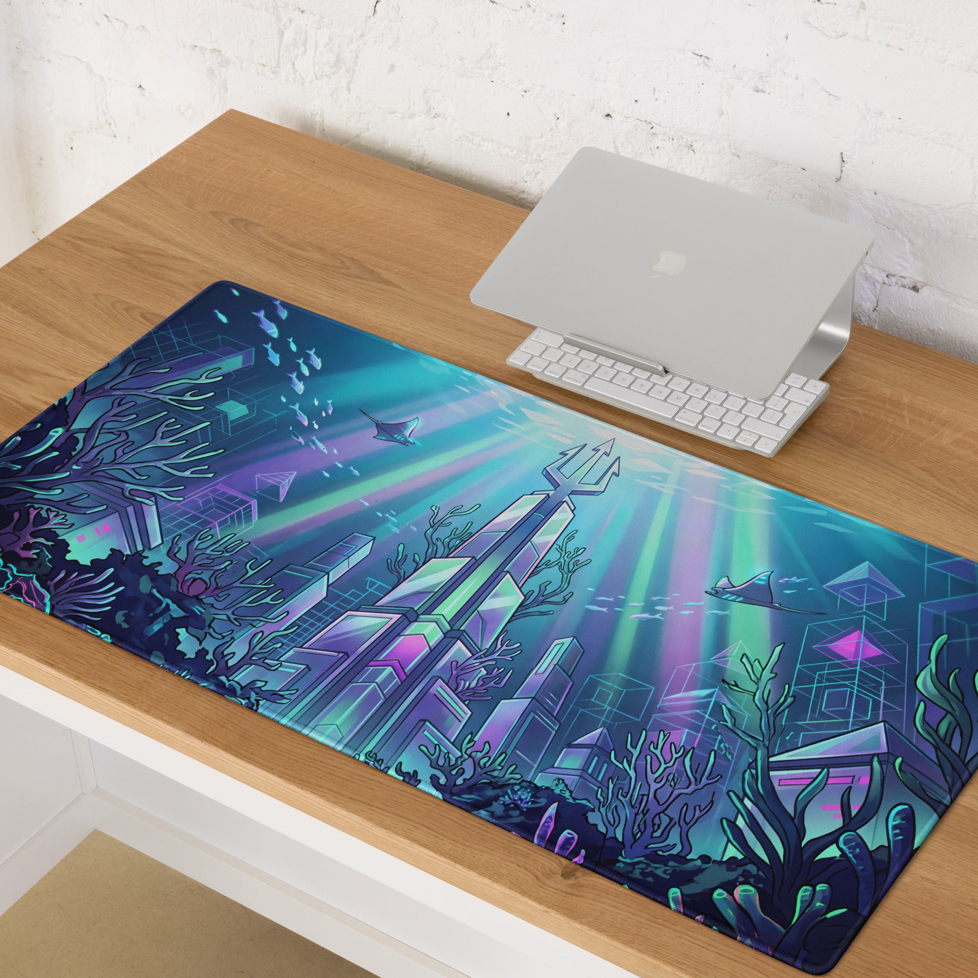 Neon Ocean Vaporwave Mousepad - Mousepad Neon Cyan Purple Pink Gaming Desk Vaporwave Dreamy Synthwave Neon Ocean Digital