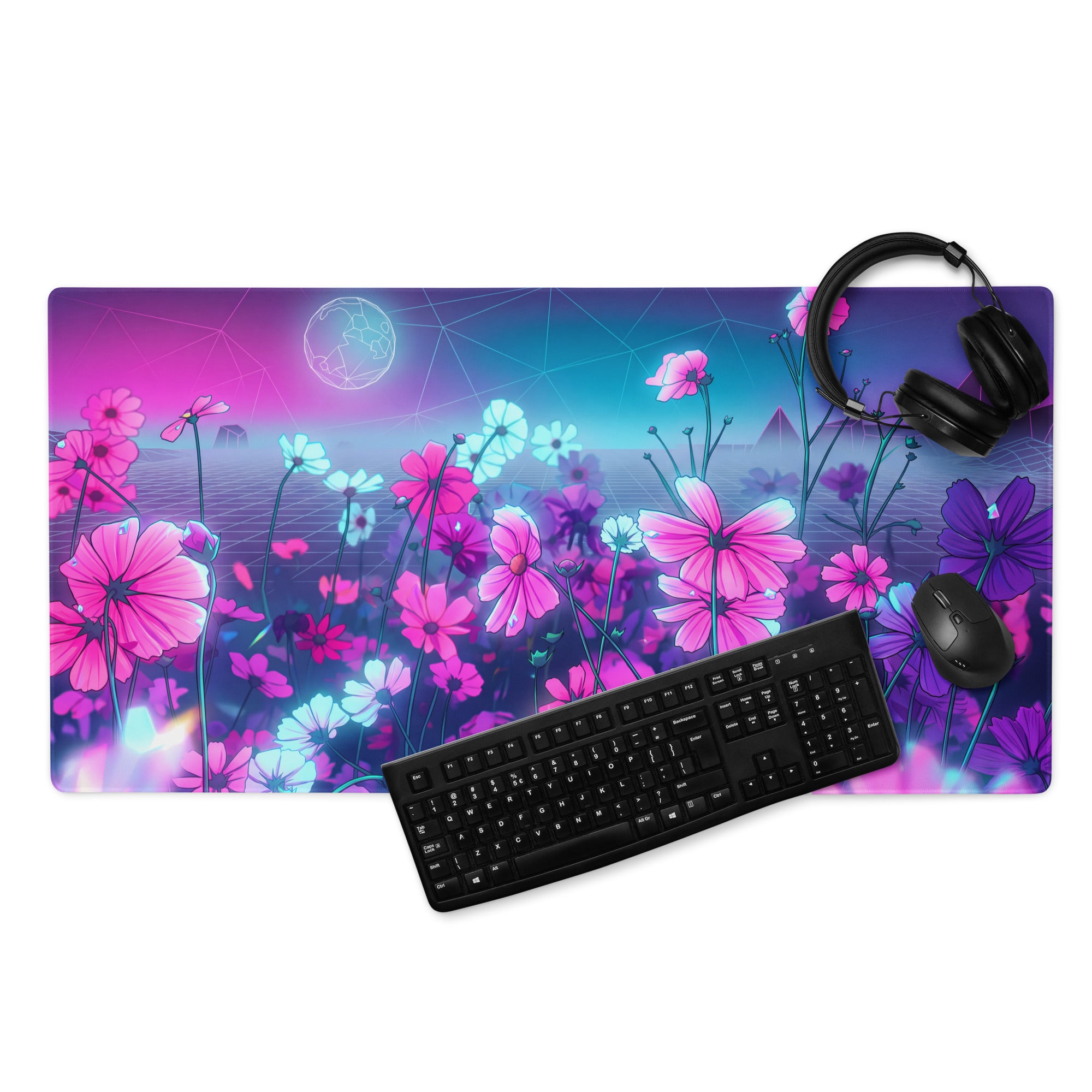 Neon Bloom Vaporwave Desktop Pad - Vaporwave Floral Mouse Pad Pink Purple Desk Gaming Neon Dreamy Neon Mood Desk Decor